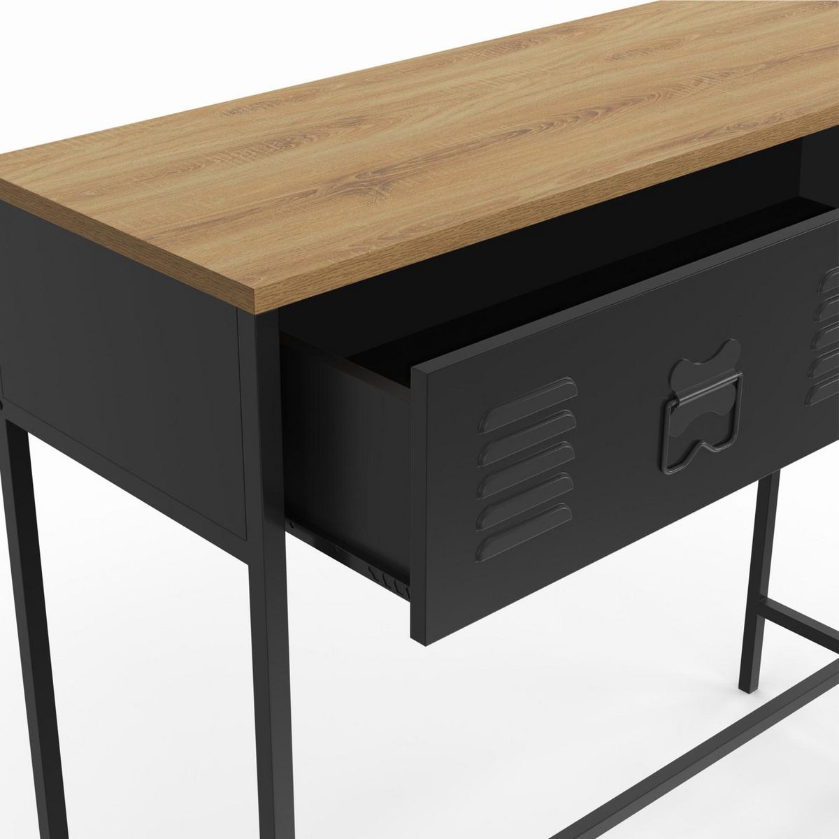 ID MARKET Console 1 tiroir ESTER métal noir plateau bois design industriel
