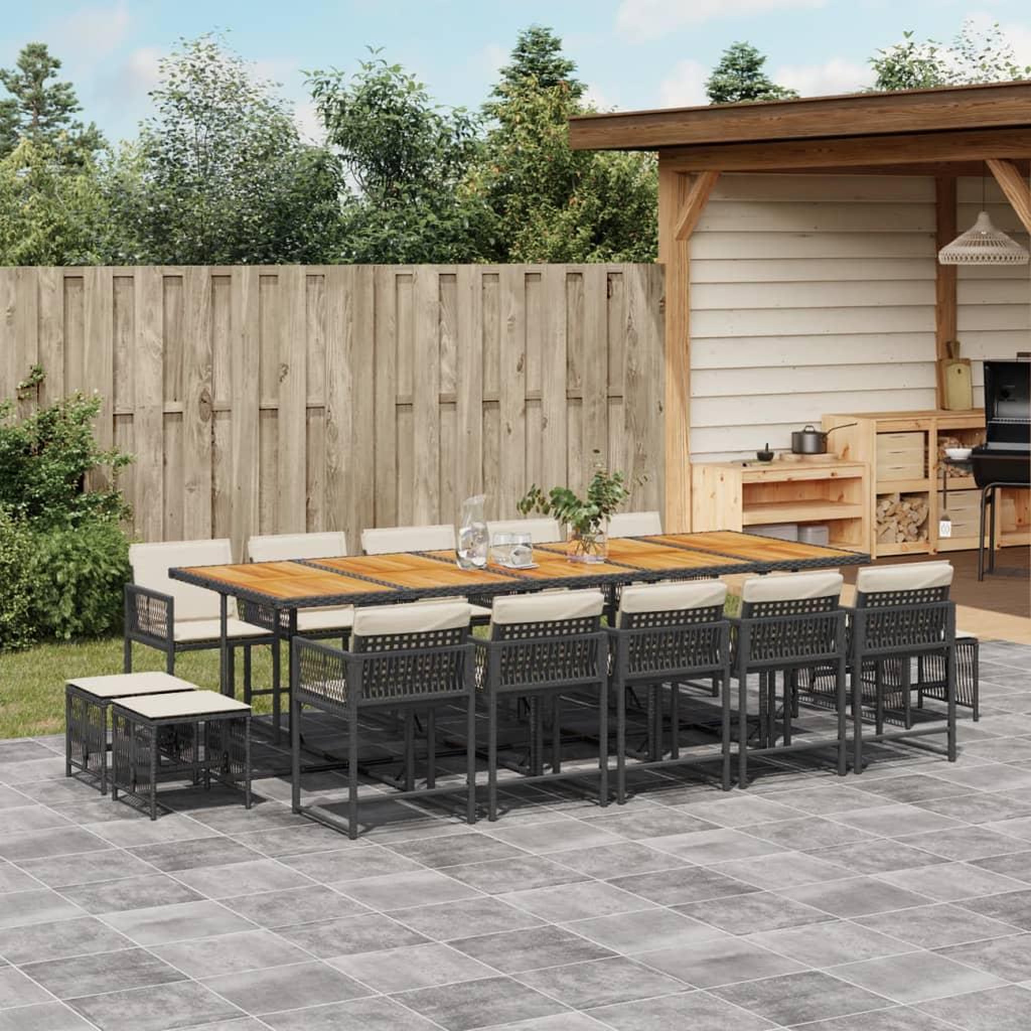 VIDAXL Ensemble a manger de jardin 15 pcs coussins noir resine tressee