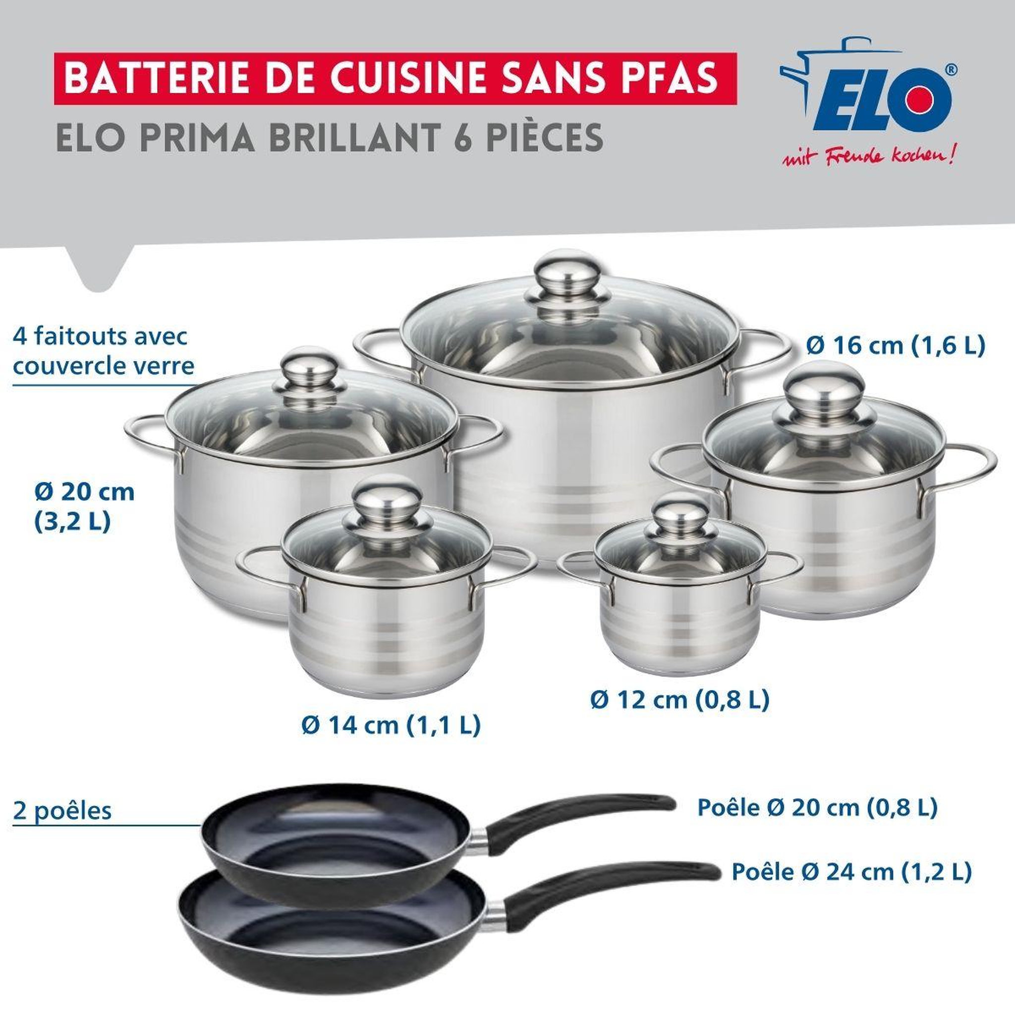 Voir la diapositive 2 : ELO Ensemble de 2 poêles de cuisson 20 et 24 cm et 5 faitouts 12, 14, 16, 20 et 24 cm elo prima brillant