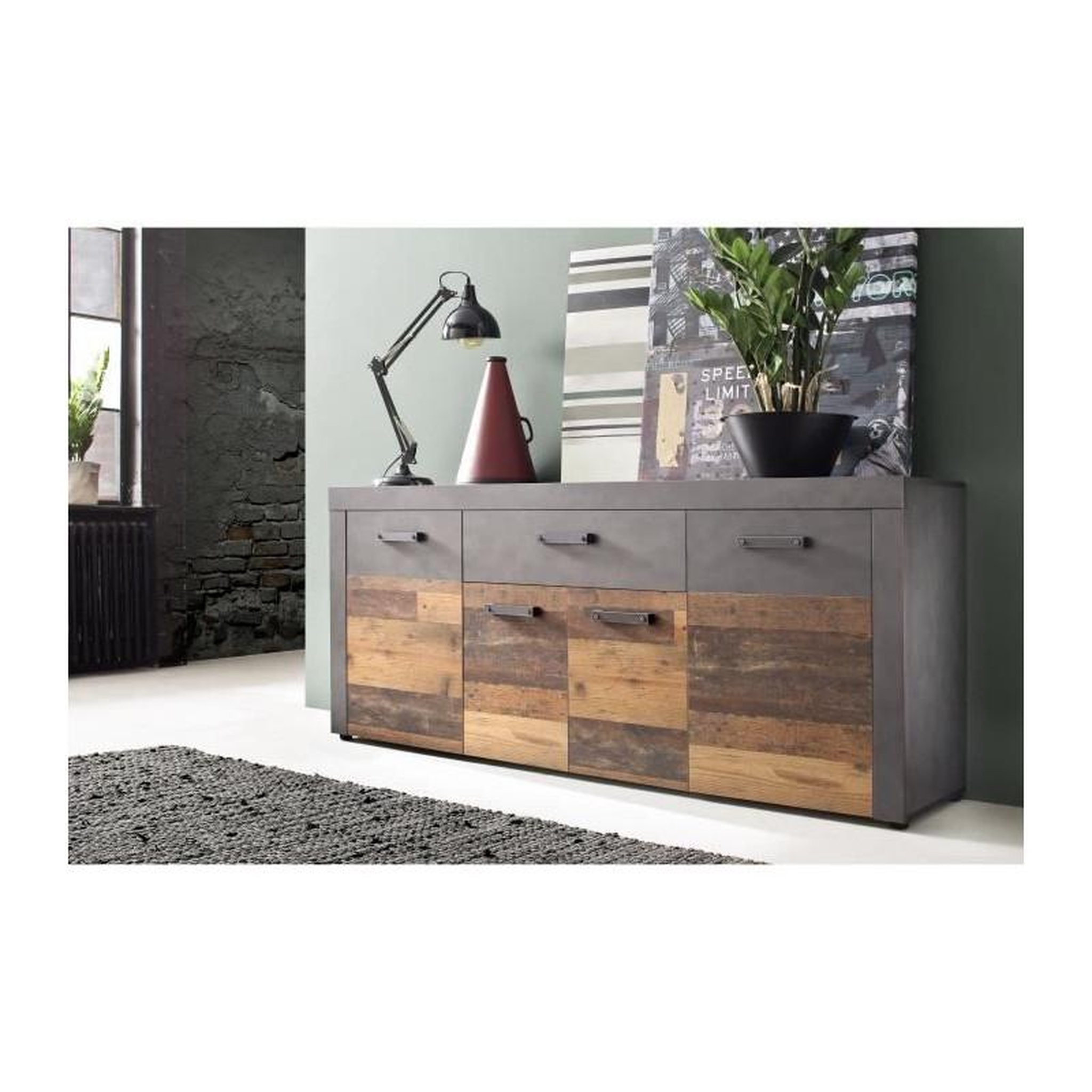 Voir la diapositive 3 : Trendteam Buffet bas INDY 4 Portes et 1 Tiroir - Mélaminé bois vieilli et gris mat - L 178 x P 40 x H 77 cm