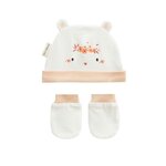 Petit Béguin Bonnet bébé et moufles anti-griffures Miss Plume. Coloris disponibles : Beige