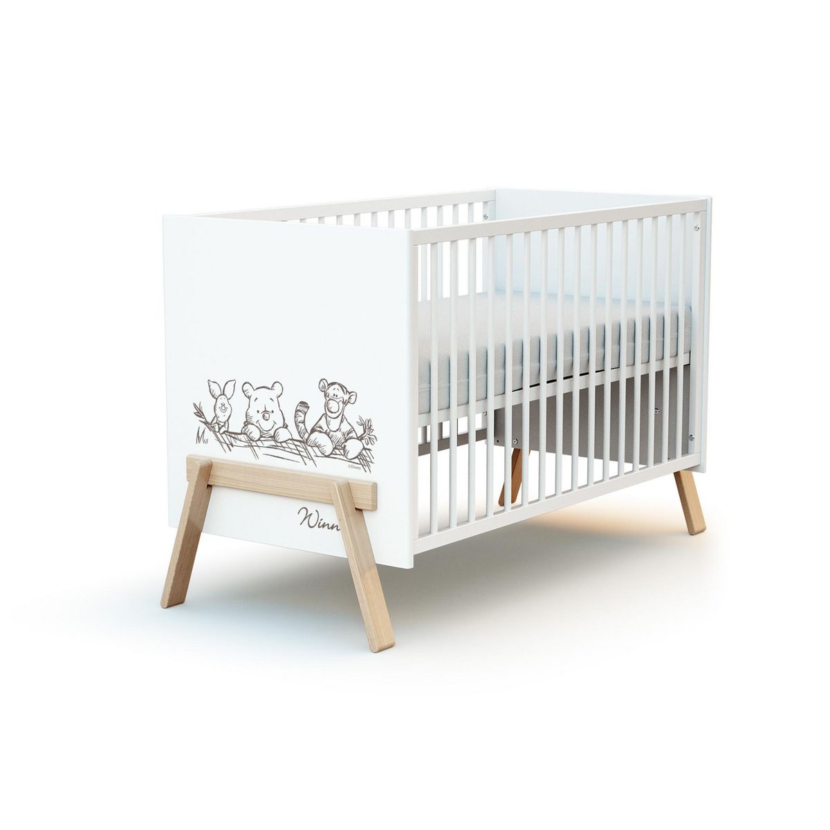 AT4 Lit bébé en bois CANAILLE Winnie Blanc et Hêtre 60 x 120 cm