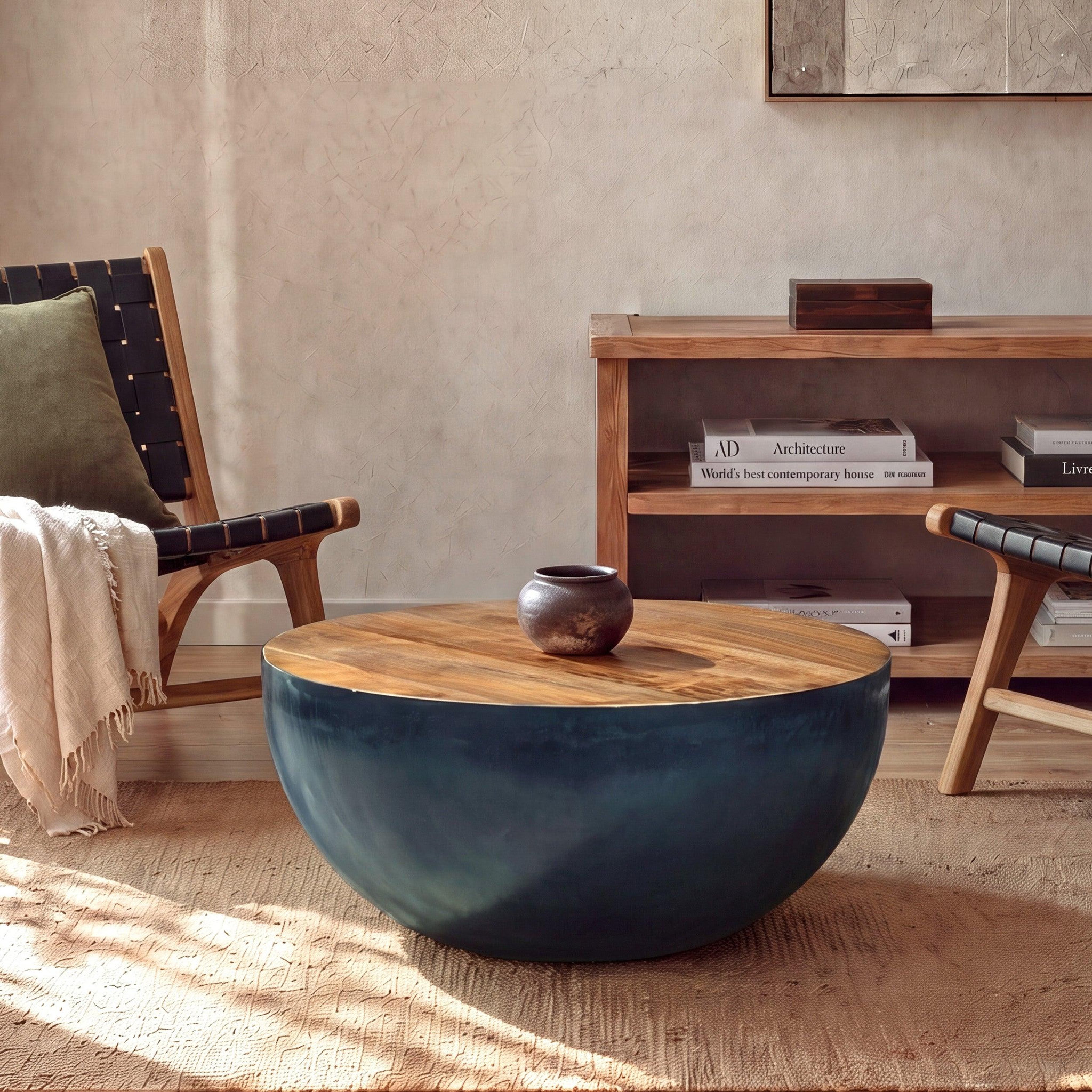 Voir la diapositive 2 : MAISON PAVANE Table basse ronde en bois massif et métal d70 cm-tajy