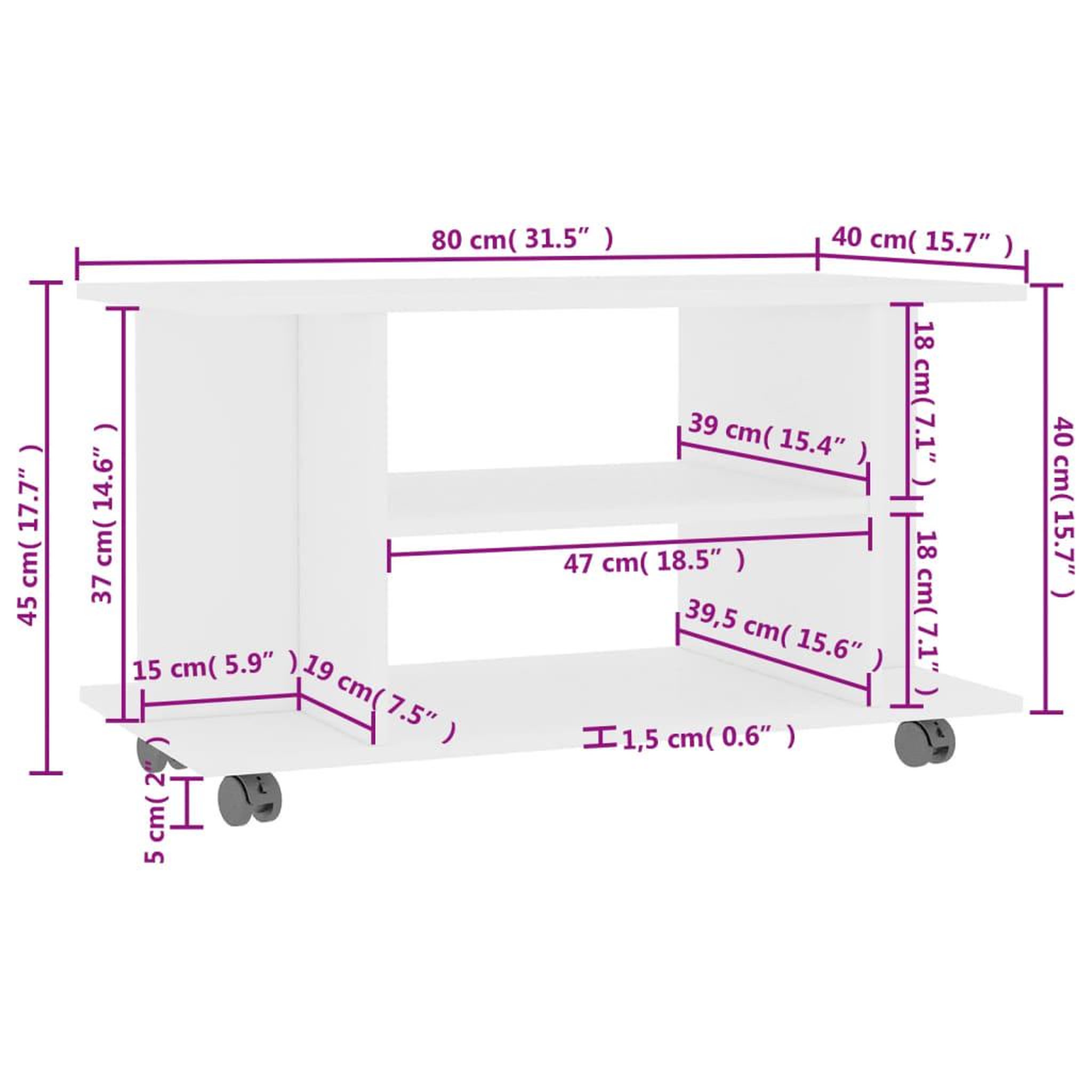 Voir la diapositive 6 : VIDAXL Meuble TV avec roulettes blanc 80x40x45 cm bois d'ingenierie