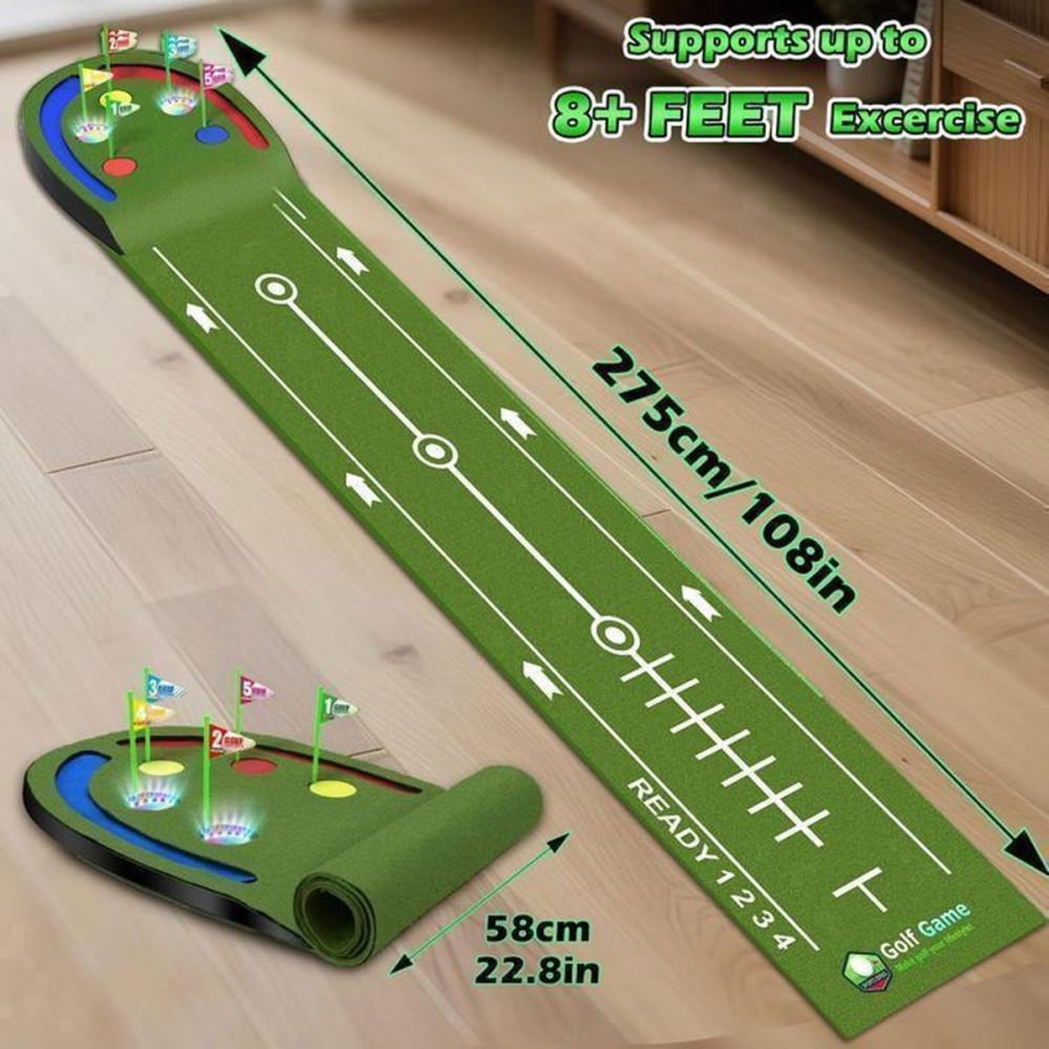 Voir la diapositive 5 : Tapis de putting LED 2,4 m avec 5 trous lumineux, balles LED et 2 clubs réglables en hauteur