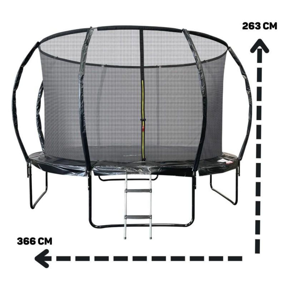 JUMP4FUN Trampoline 12Ft ø 366 cm noire avec Echelle, Protection et Filet de sécurité