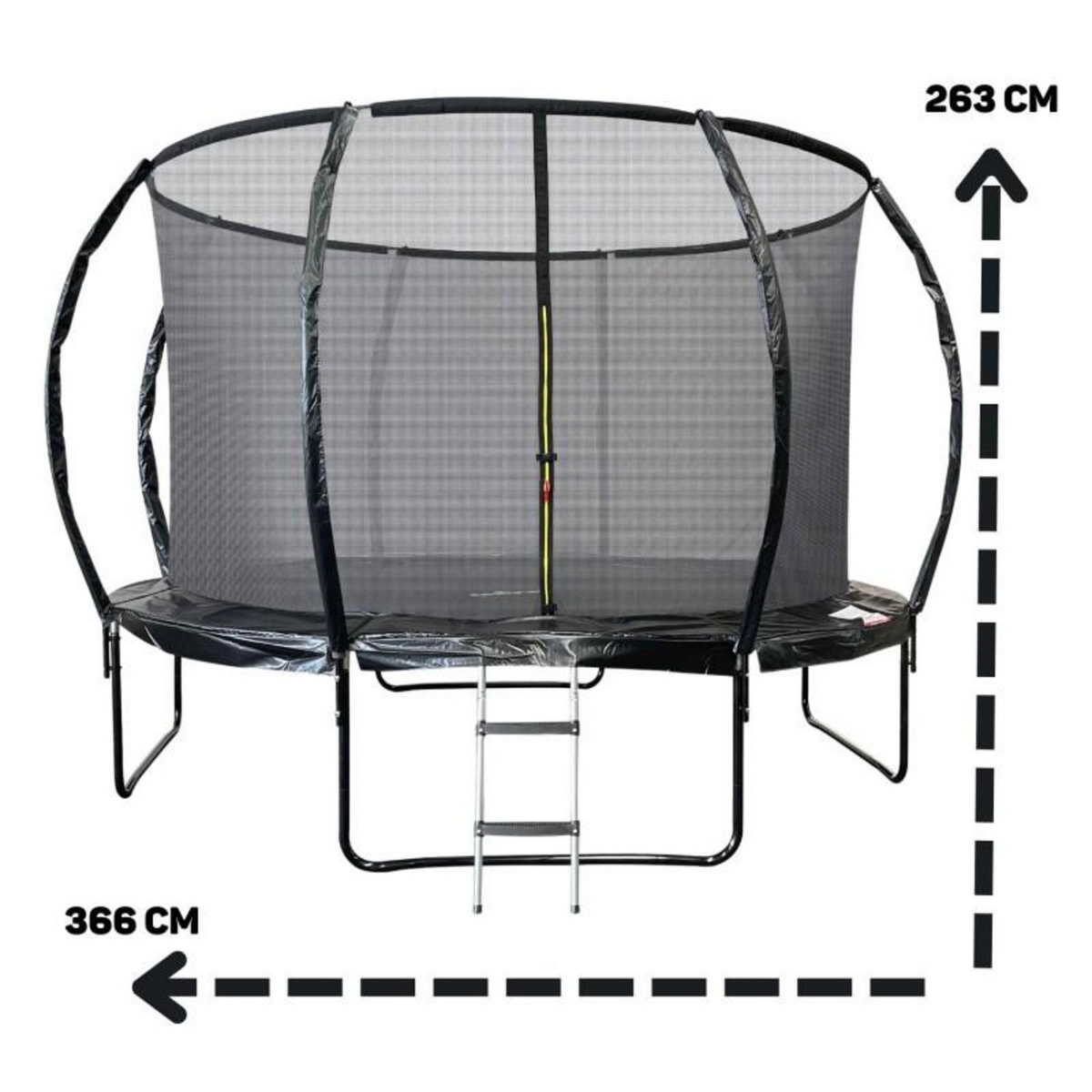 JUMP4FUN Trampoline 12Ft ø 366 cm noire avec Echelle, Protection et Filet de sécurité