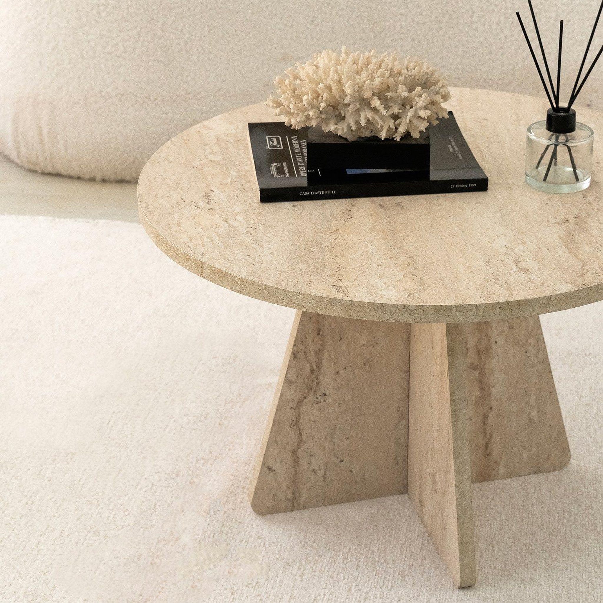 Voir la diapositive 4 : TOILINUX Table basse ronde effet travertin valence - beige