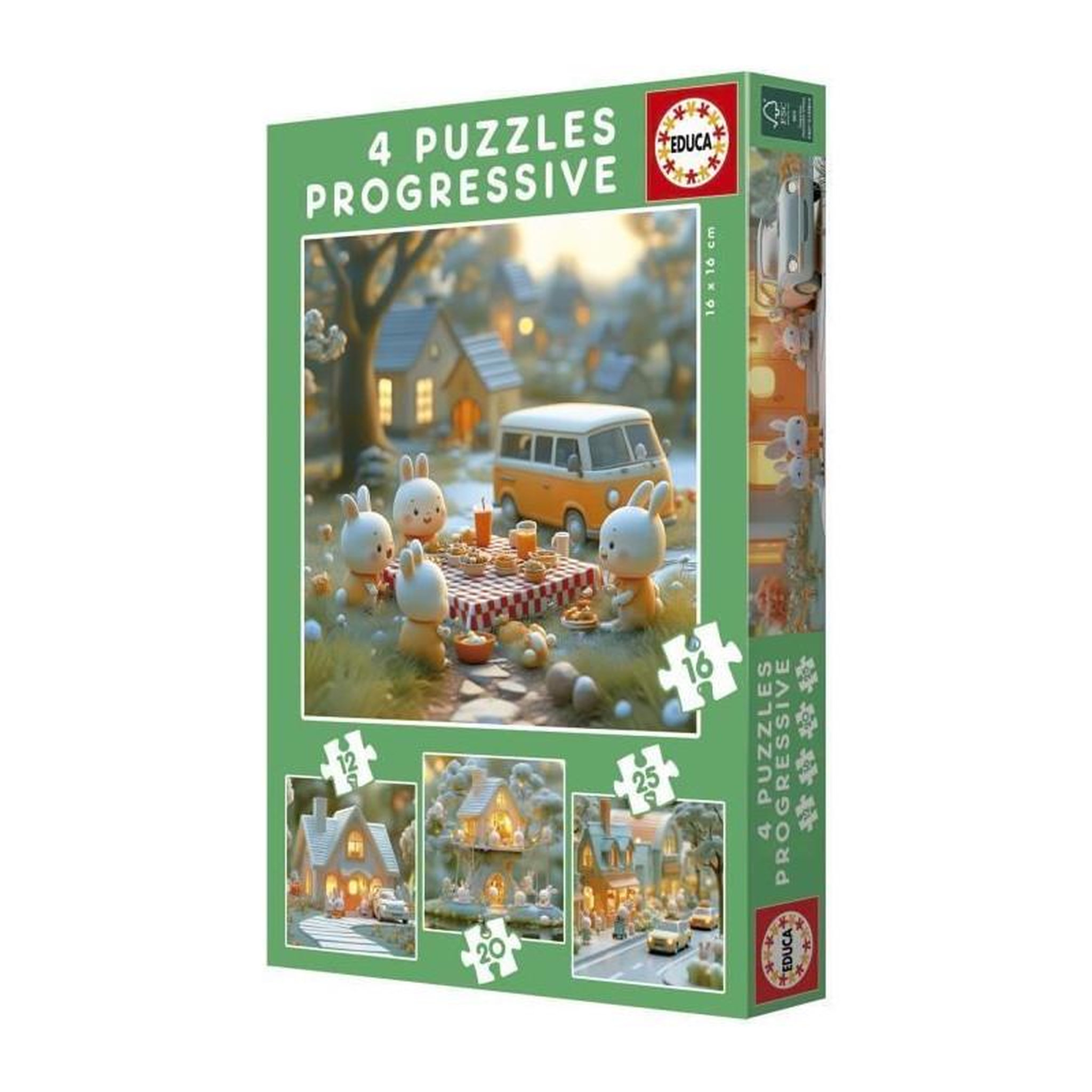 Voir la diapositive 4 : EDUCA Puzzle progressif enfant La Ville des Lapins – 4 niveaux de 12 à 25 pièces – Jeu éducatif évolutif – Dès 3 ans – Educa