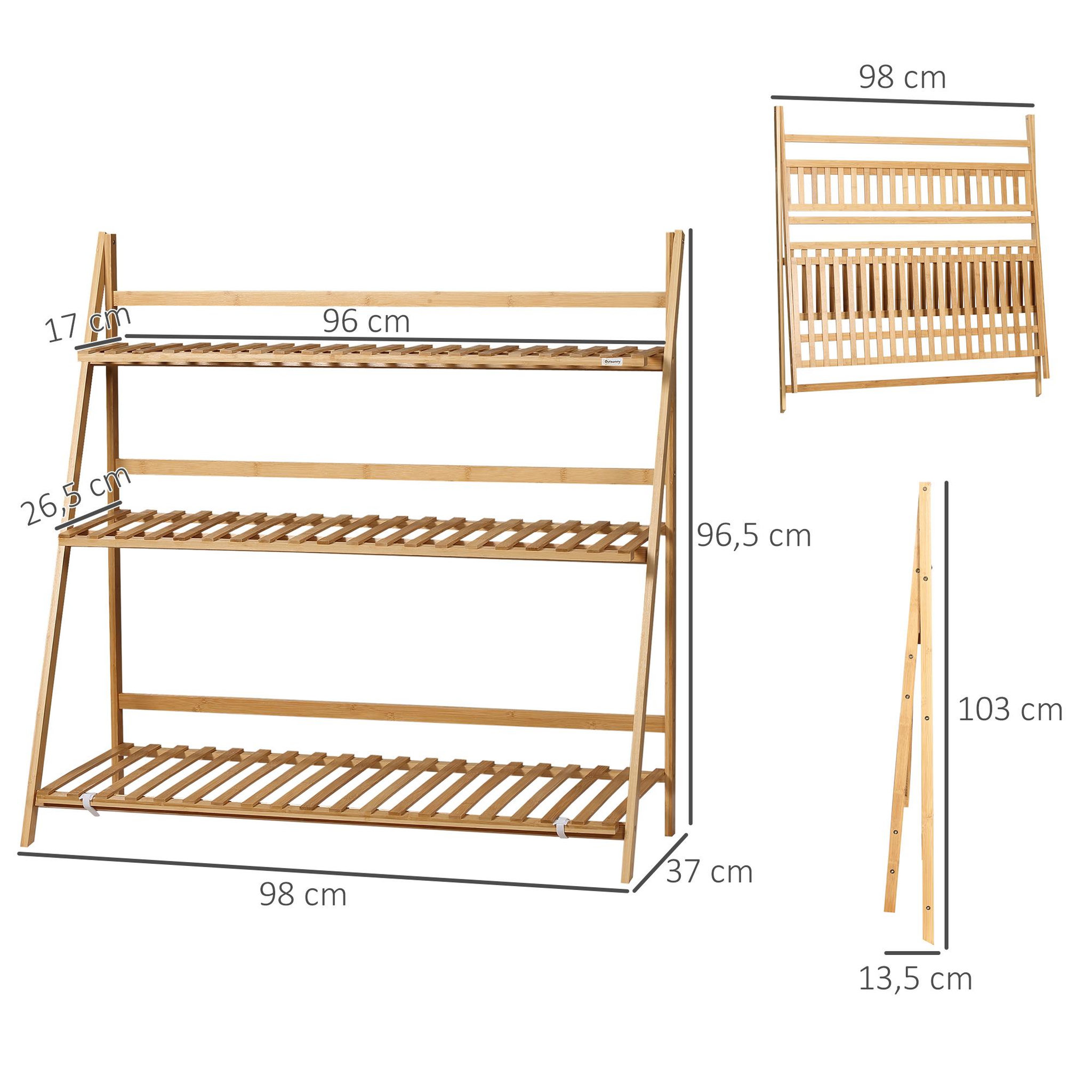 Voir la diapositive 3 : OUTSUNNY Étagère échelle à fleurs en bois de bambou - porte plantes pliable bois 3 étagères à lattes