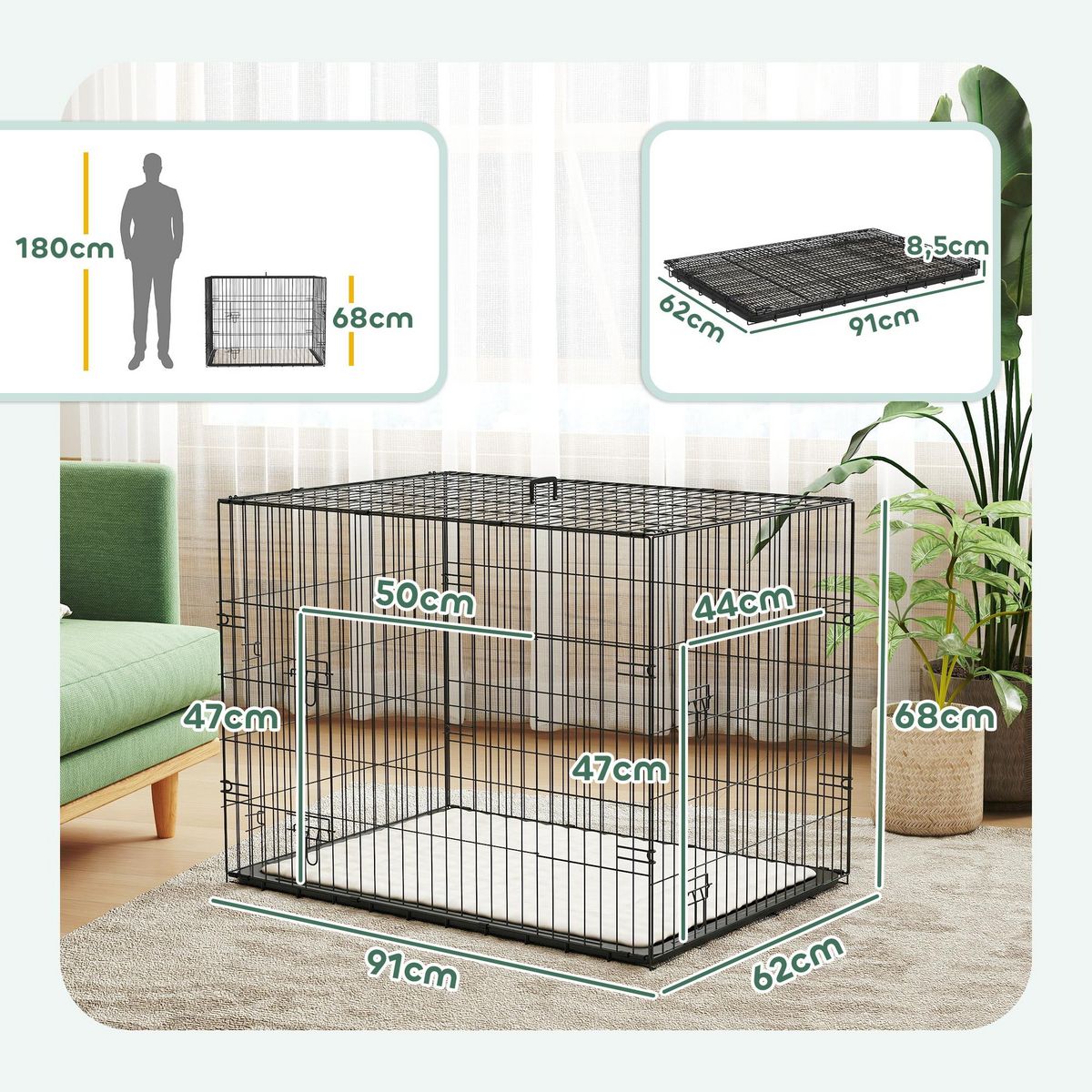 PAWHUT Cage caisse de transport pliable pour chien 91 x 62 x 68 cm avec coussin