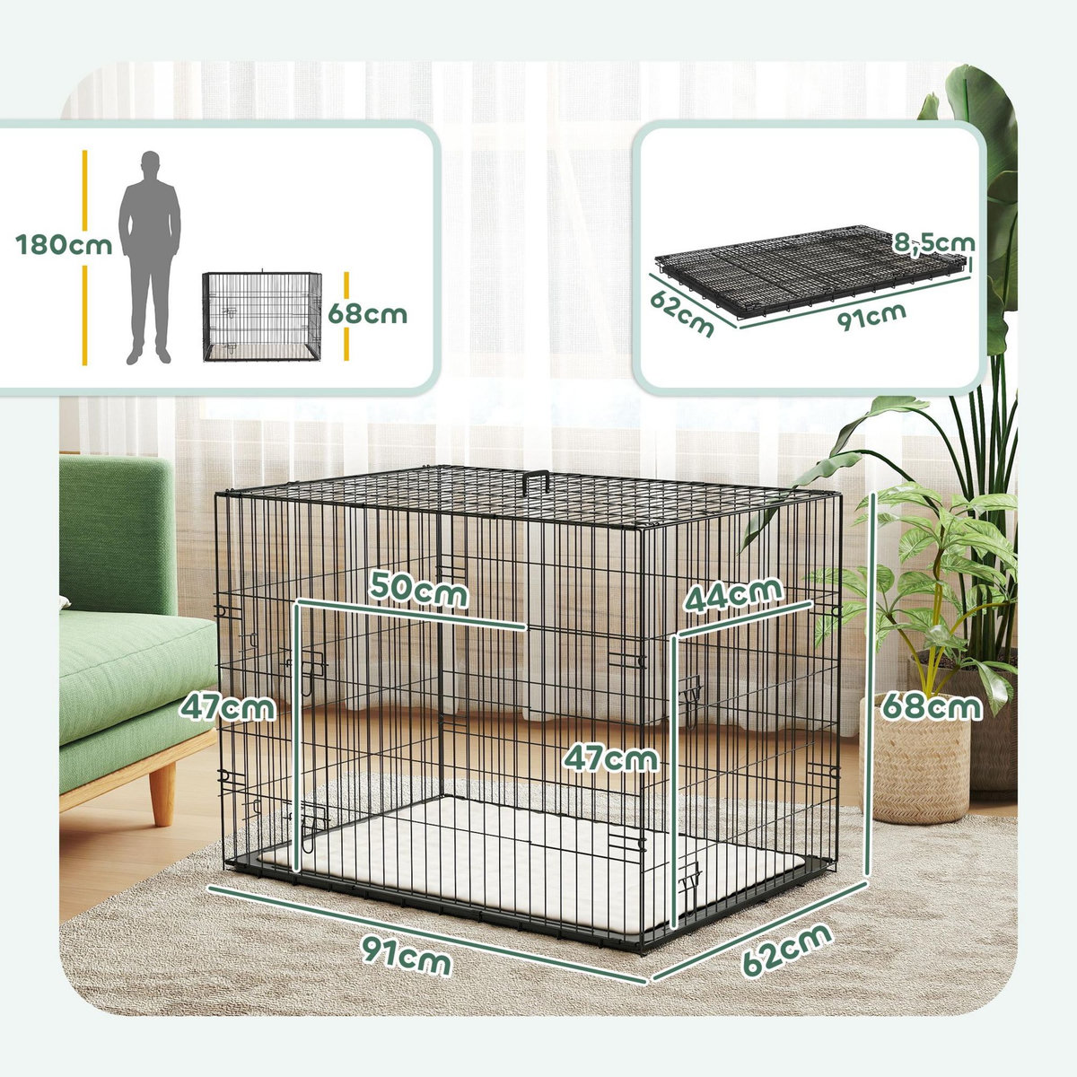 PAWHUT Cage caisse de transport pliable pour chien 91 x 62 x 68 cm avec coussin
