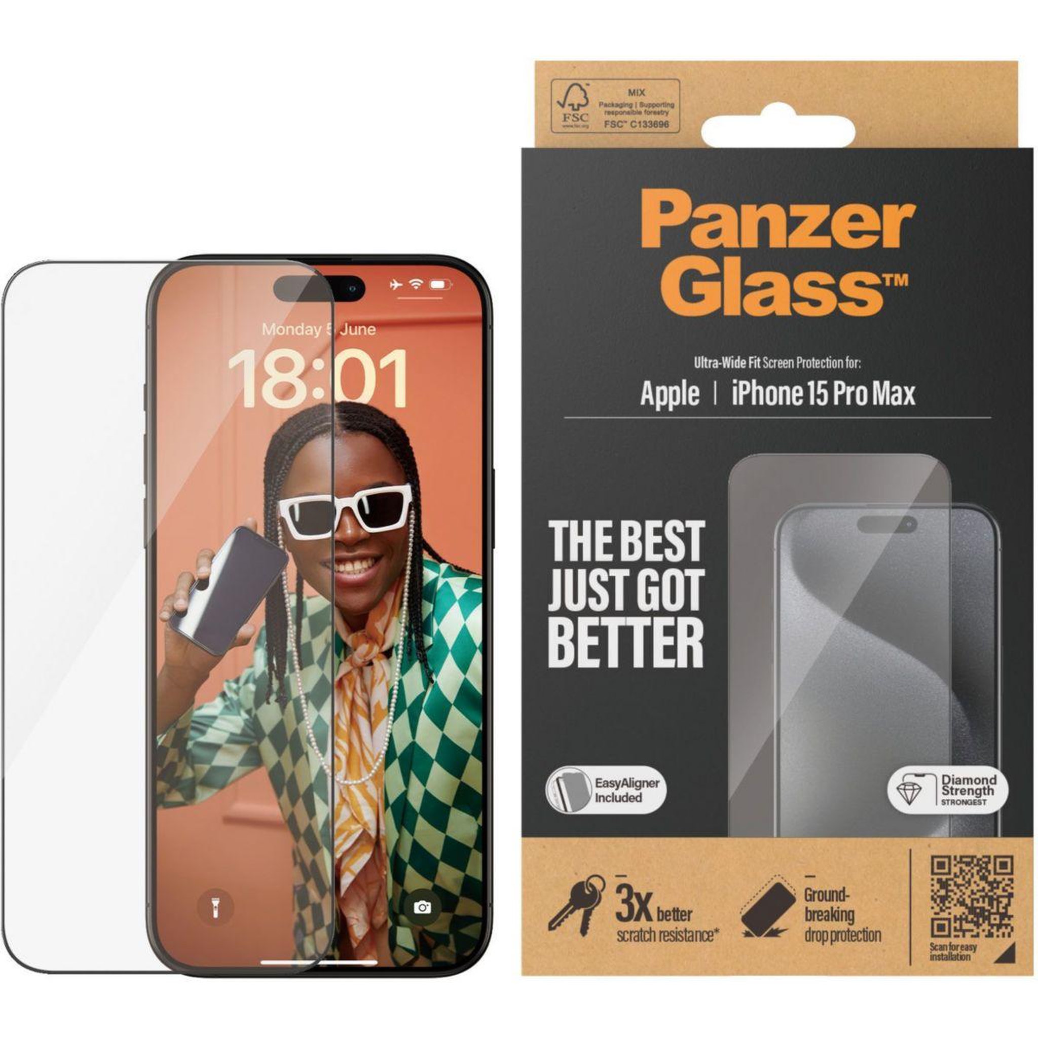 Voir la diapositive 2 : PANZERGLASS Protège écran iPhone 15 Pro Max Ultra-Wide-Fit