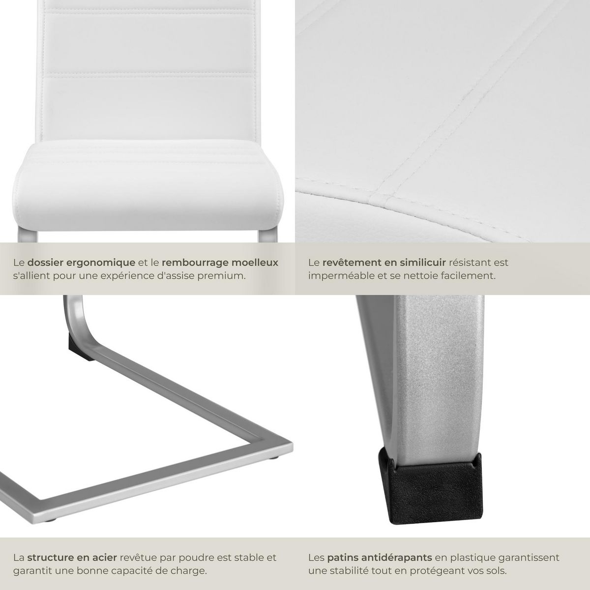 tectake Ensemble de chaises de salle à manger rembourré avec revêtement aspect cuir blanc Lot de 6