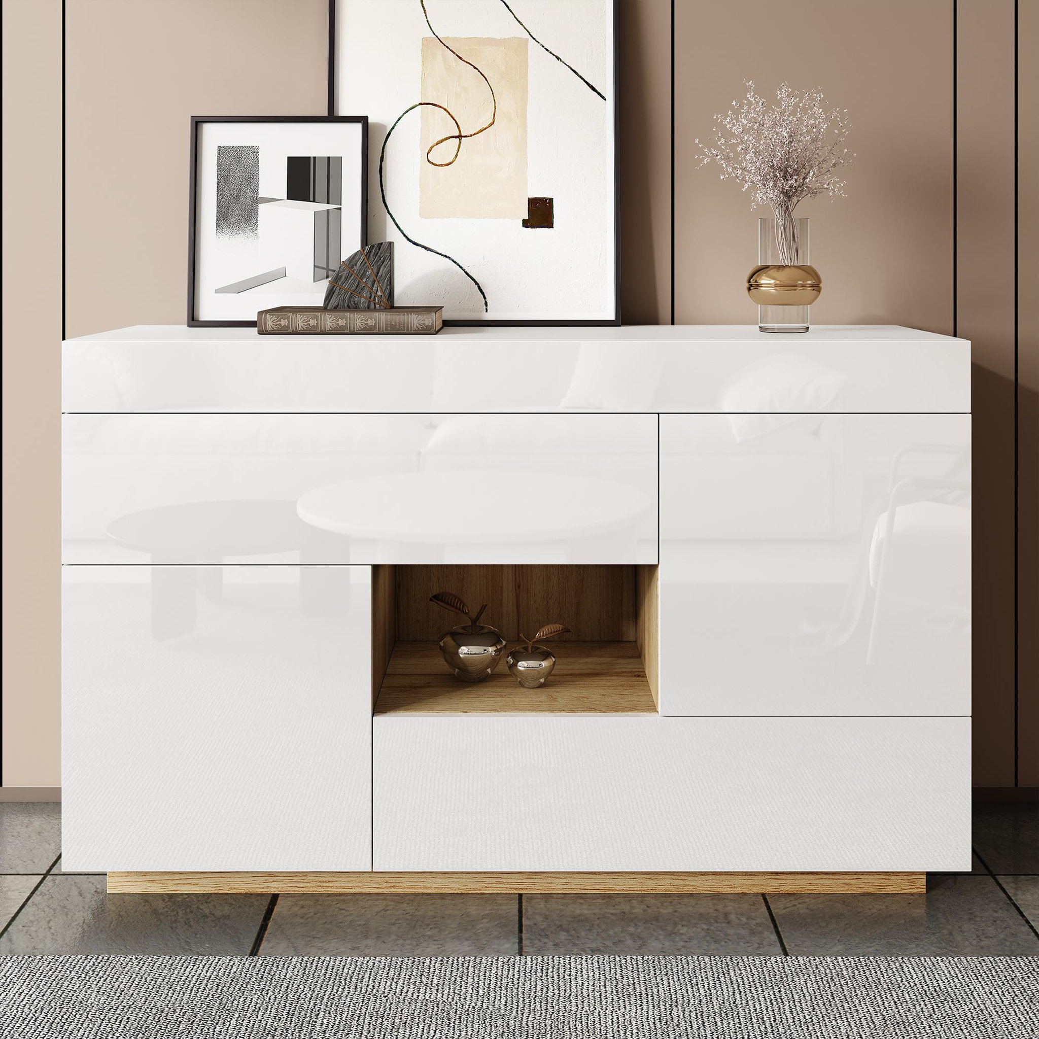 Voir la diapositive 4 : MERAX Buffet 2 porte(s) 2 tiroir(s) - 120 cm blanc+naturel led panneau de particules