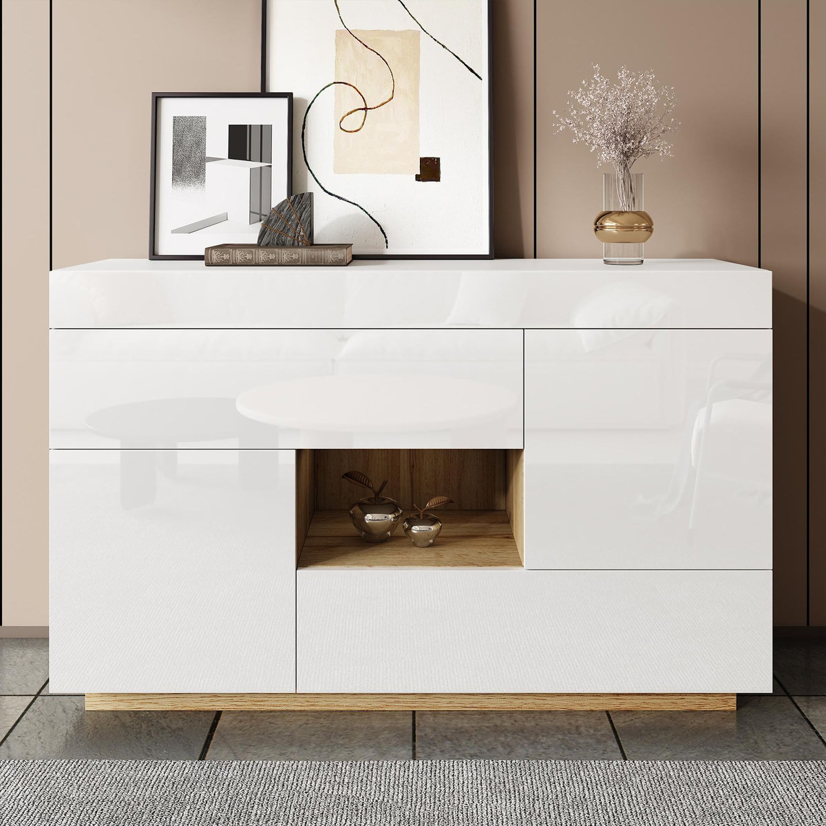 MERAX Buffet 2 porte(s) 2 tiroir(s) - 120 cm blanc+naturel led panneau de particules