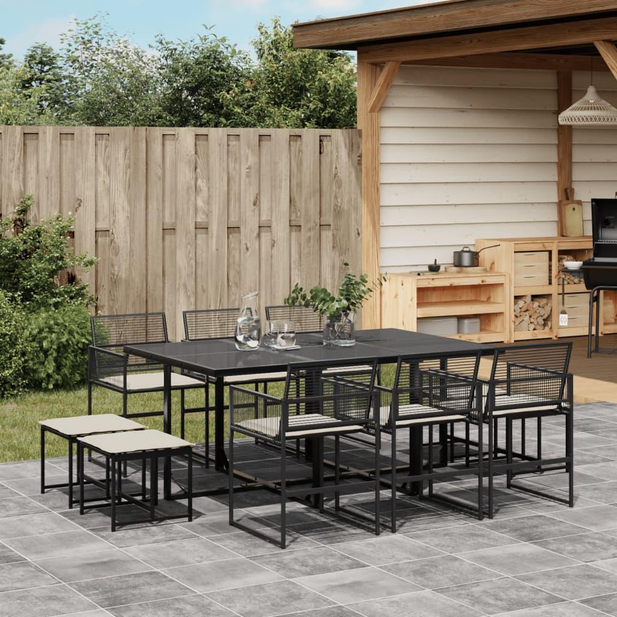 VIDAXL Ensemble a manger de jardin 11 pcs coussins noir resine tressee