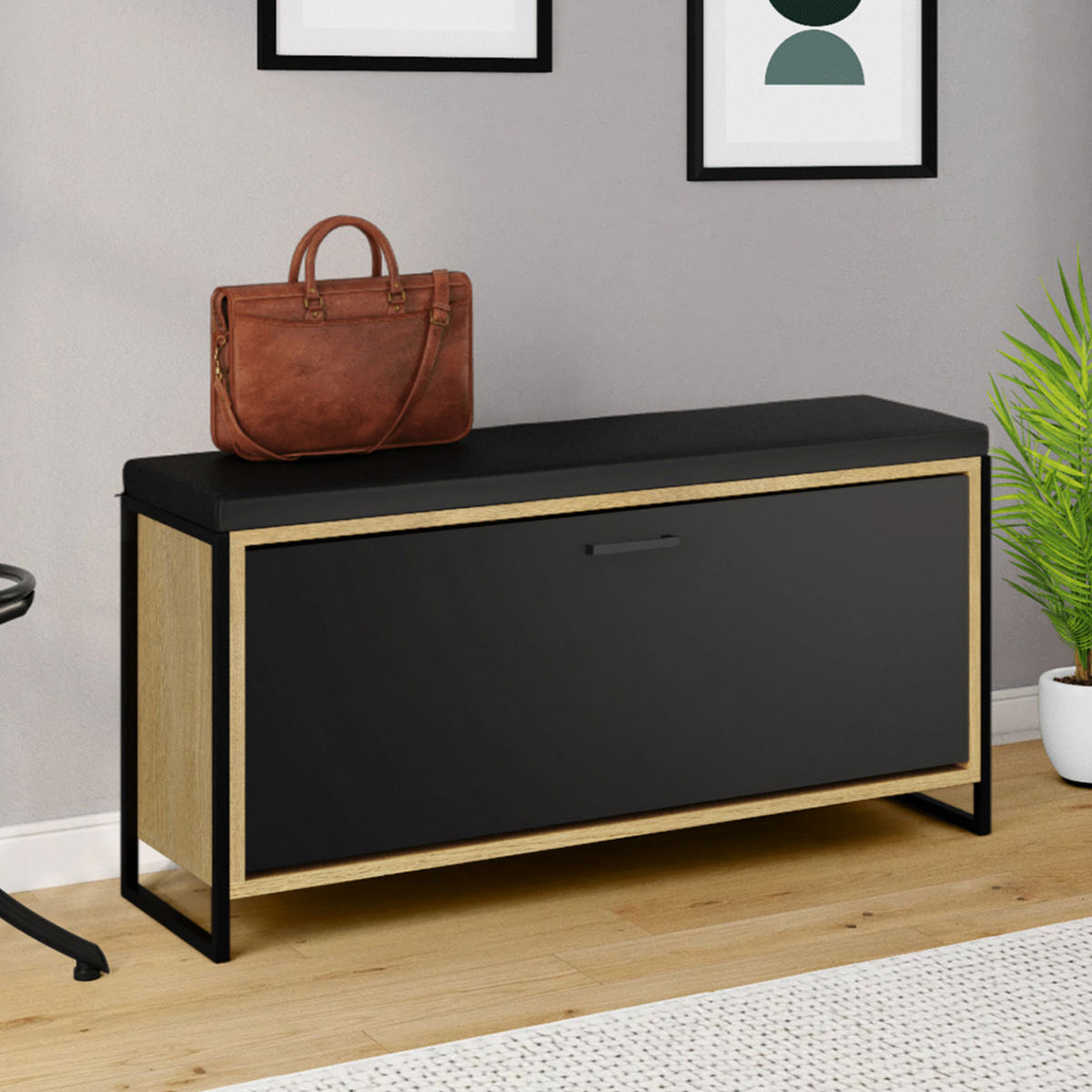 ID MARKET Banc d'entrée BOSTON avec coussin et rangement chaussures noir 100 cm design industriel