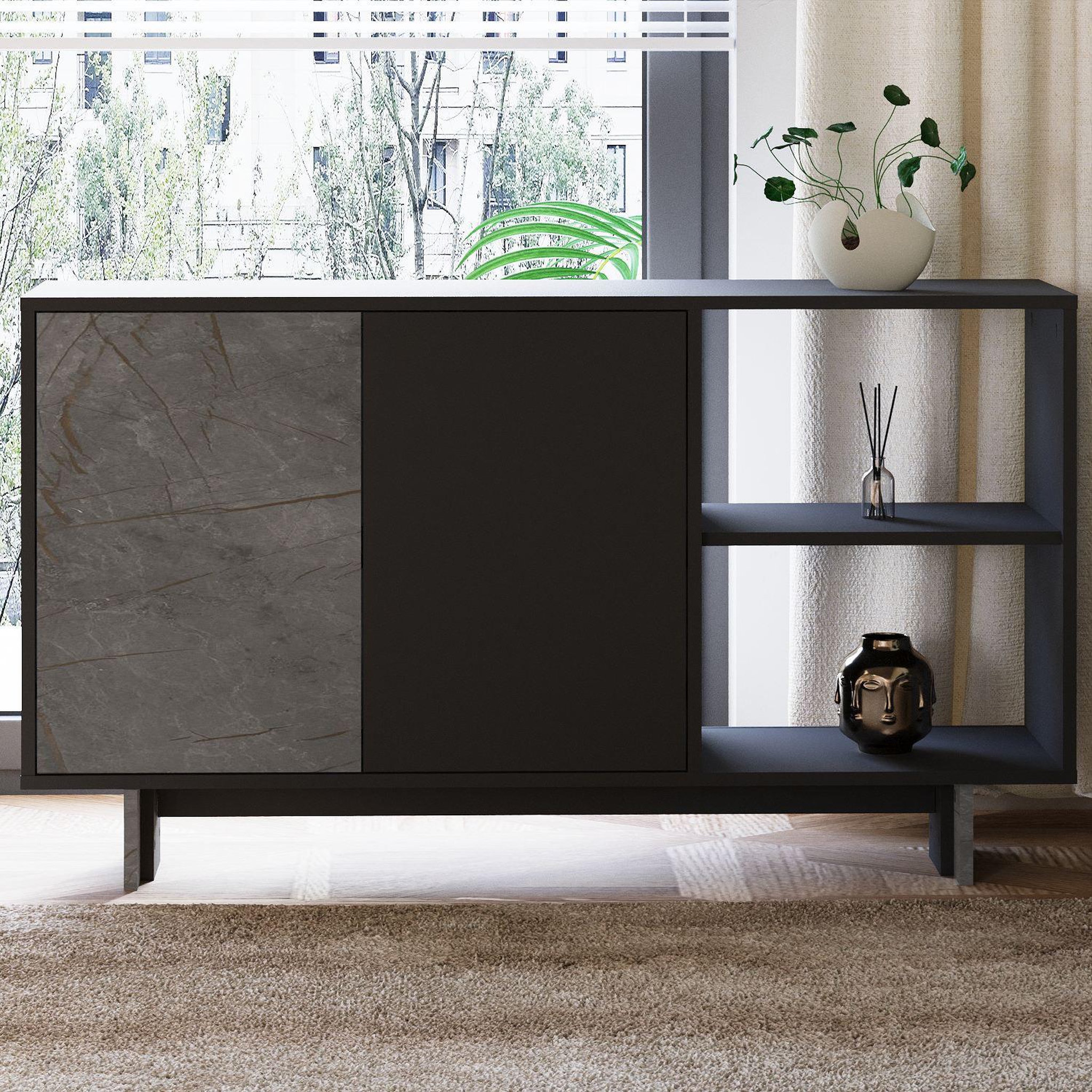 Voir la diapositive 2 : Habitat et Jardin Buffet en bois  ravello  - 140 x 35 x 80 cm - gris anthracite marbré