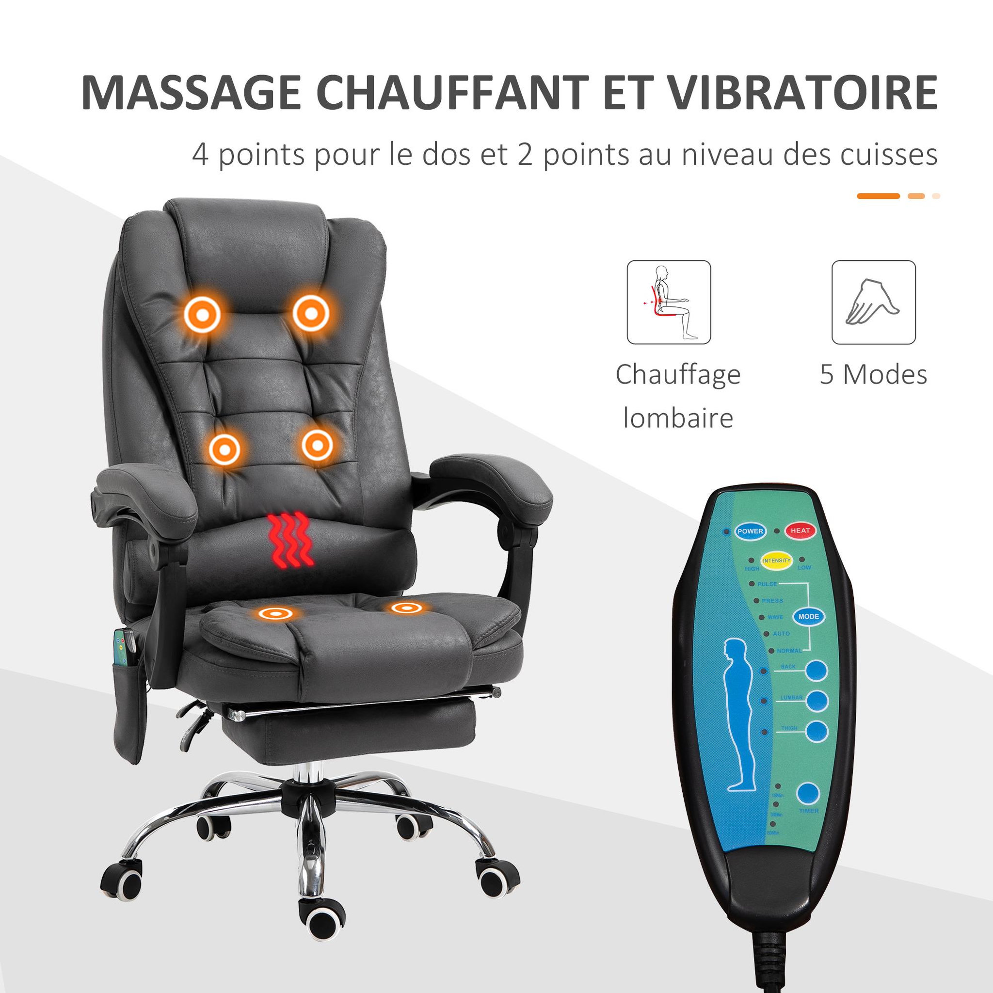 Voir la diapositive 5 : VINSETTO Fauteuil de bureau direction massant chauffant hauteur réglable dossier inclinable tissu gris