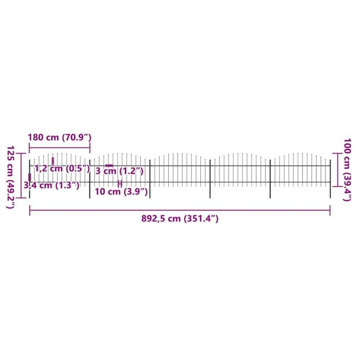 VIDAXL Cloture de jardin avec dessus en forme de lance en acier 892,5 x 125 cm Noir
