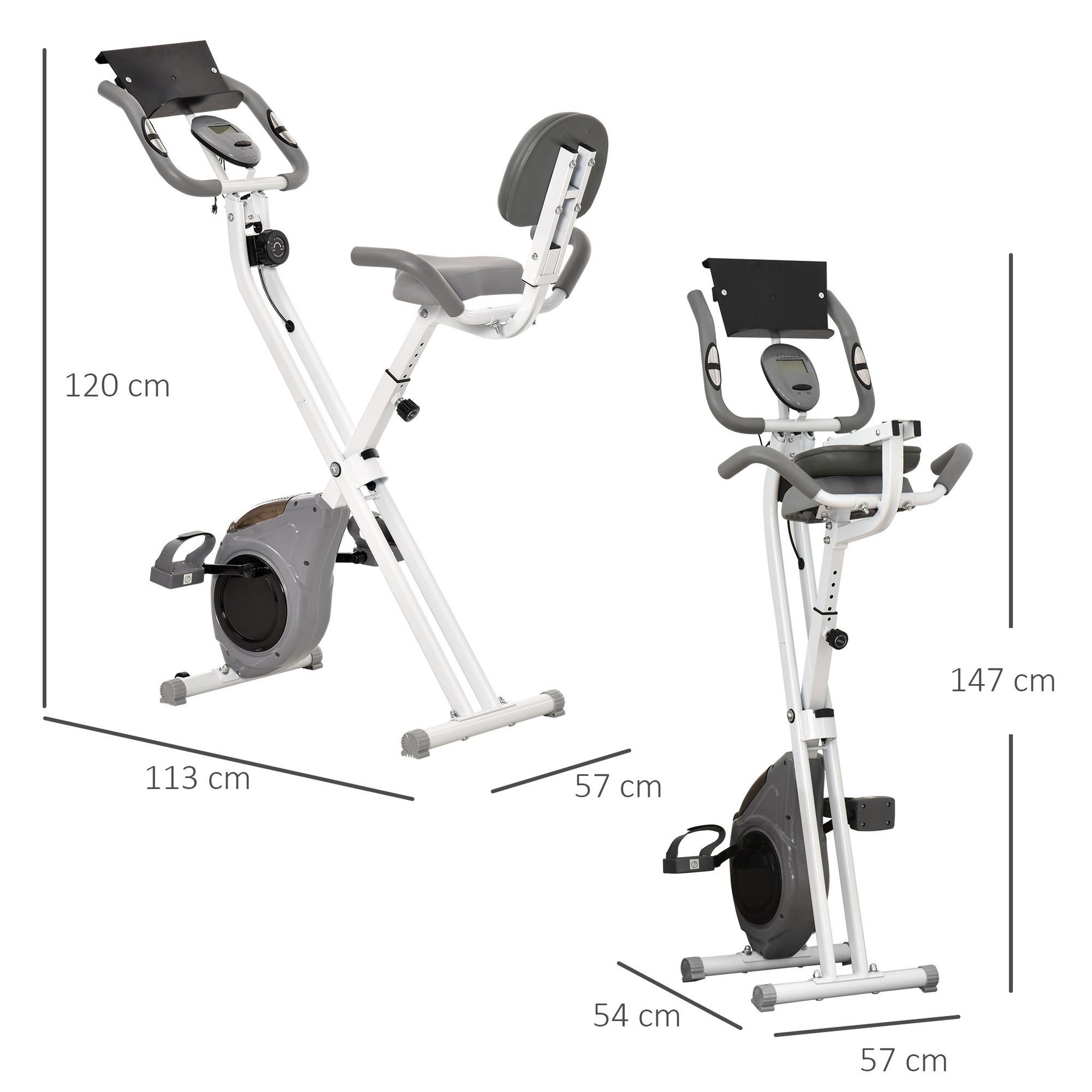 Voir la diapositive 3 : HOMCOM Vélo d'appartement pliable grand confort dossier selle réglable poignées ergonomiques écran LCD multifonction support tablette acier blanc gris
