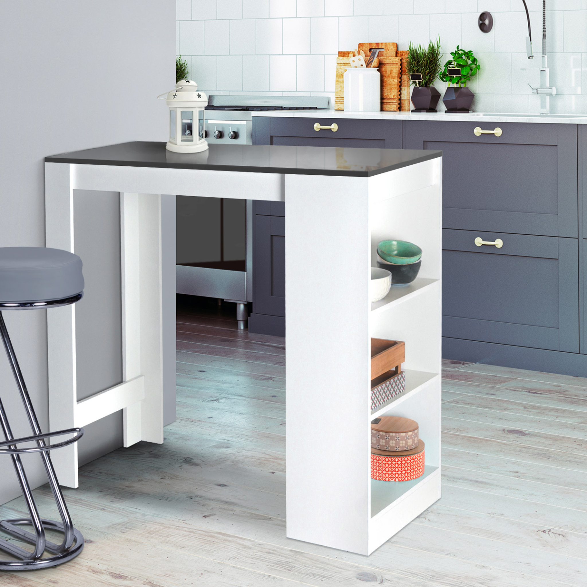 Voir la diapositive 2 : ID MARKET Table de bar barth 2 à 4 personnes bois blanc plateau gris