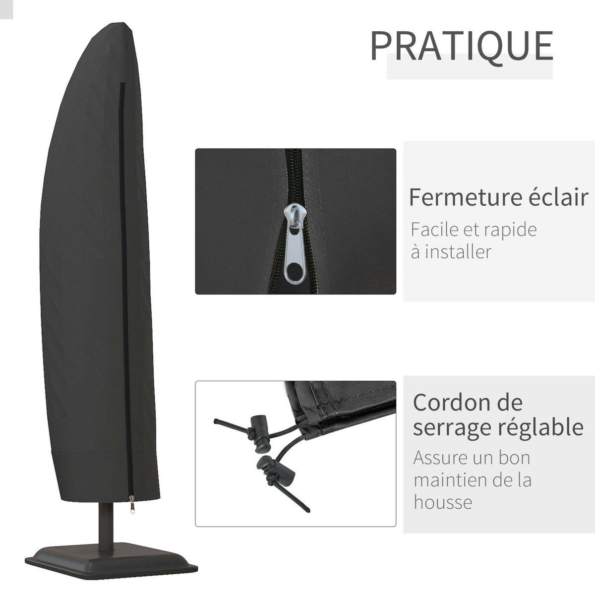 OUTSUNNY Housse de protection imperméable pour parasol droit avec fermeture éclair et cordon de serrage polyester PVC haute densité noir