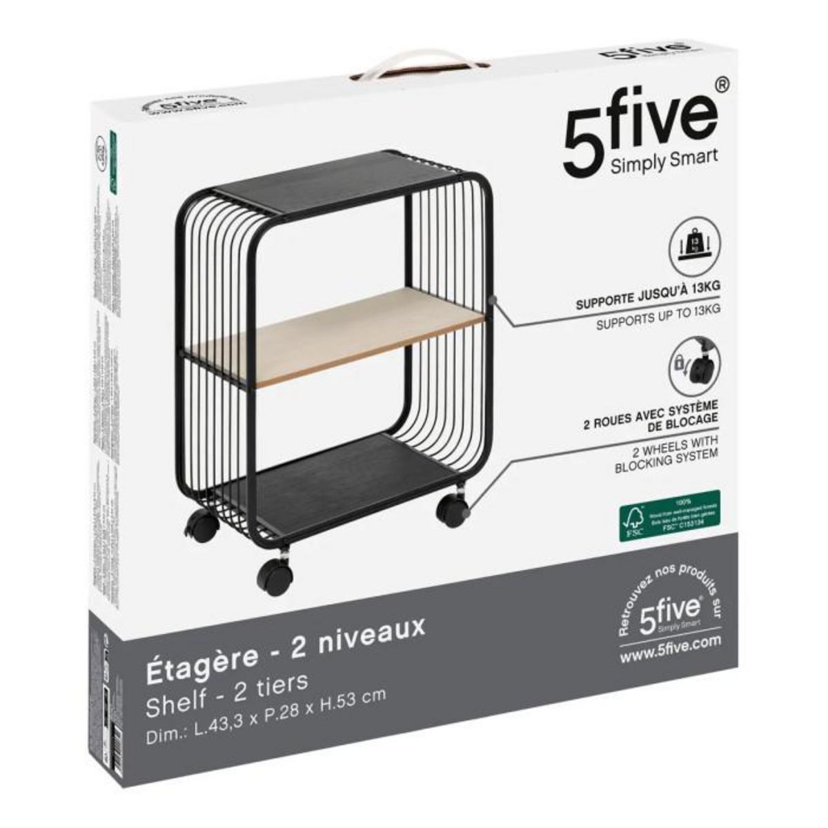 FIVE Étagère à Roulettes 2 Niveaux  Bert  53cm Noir