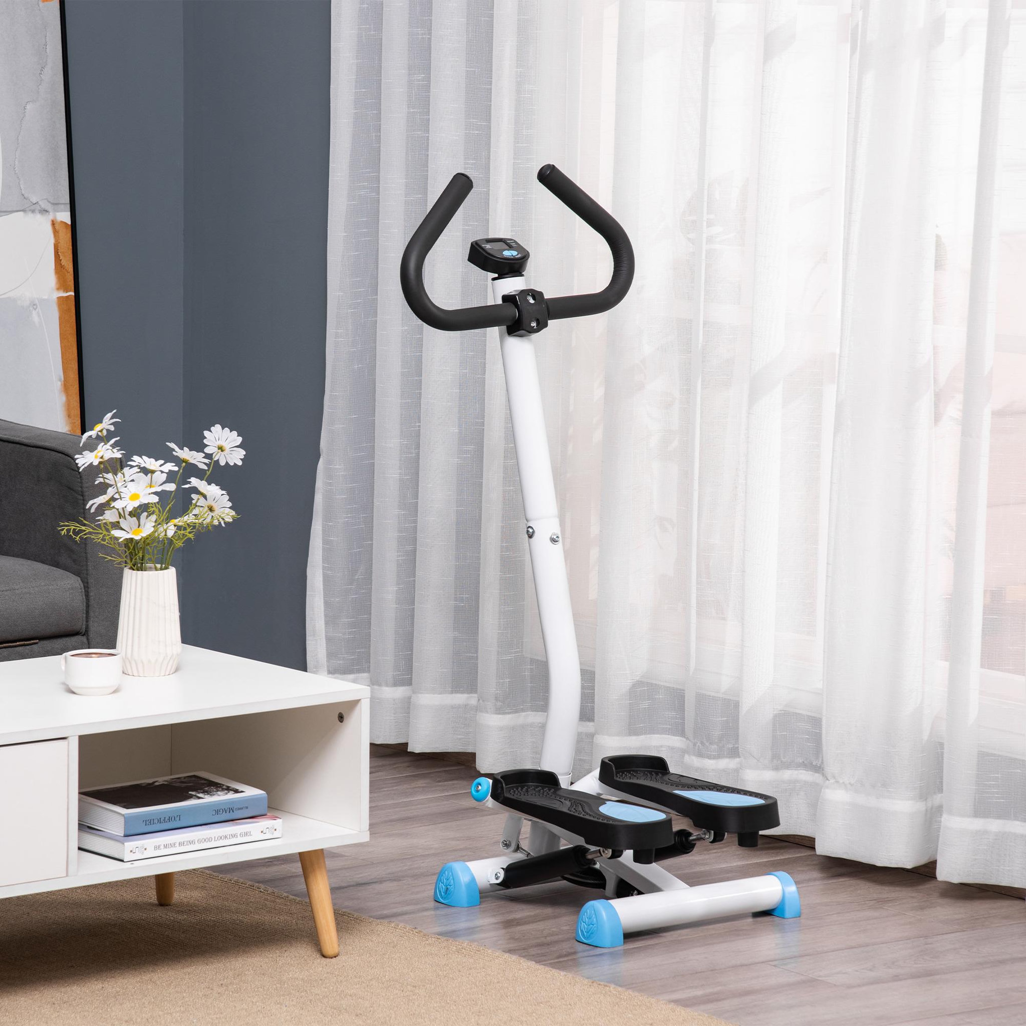 Voir la diapositive 2 : HOMCOM Stepper fitness avec guidon ergonomique - écran lcd multifonction - résistance réglable - acier blanc bleu noir