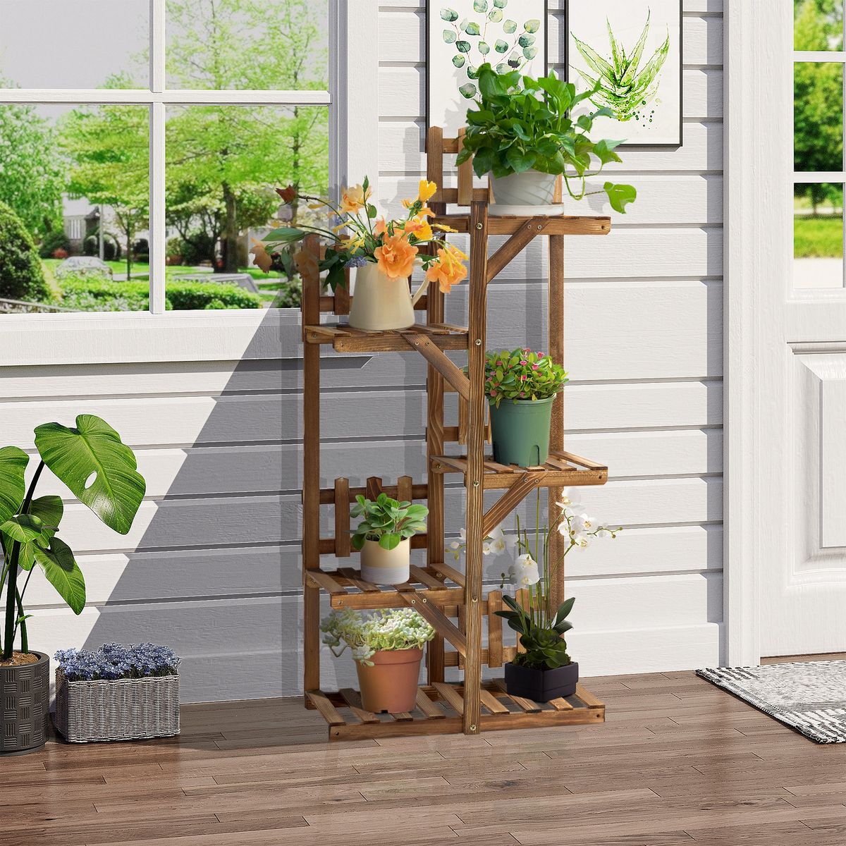 OUTSUNNY Étagère à fleurs en bois - porte plante bois 5 tablettes ornement petites barrières - dim. 60L x 30l x 130H cm - bois de sapin traité carbonisation