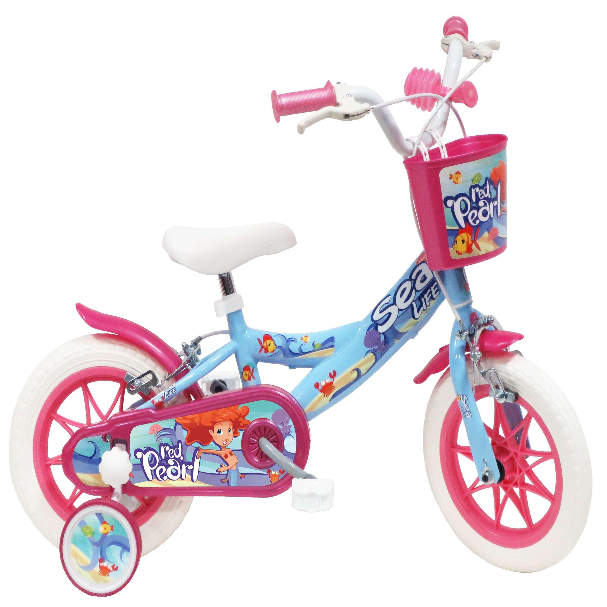 Voir la diapositive 1 : Vélo enfant - Modème 12'' Sea-Life pour enfant de 85/100 cm avec stabilisateurs à molettes - 1 Frein - Panier avant et roue à batons.