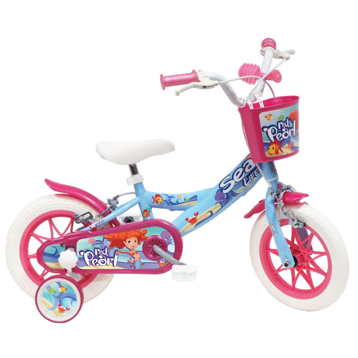 Vélo enfant - Modème 12'' Sea-Life pour enfant de 85/100 cm avec stabilisateurs à molettes - 1 Frein - Panier avant et roue à batons.