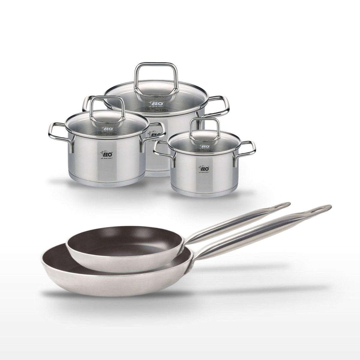 ELO Lot de 2 Poêles 24/28 cm et 3 Faitouts 14/16/20 cm Elo Bistro Line