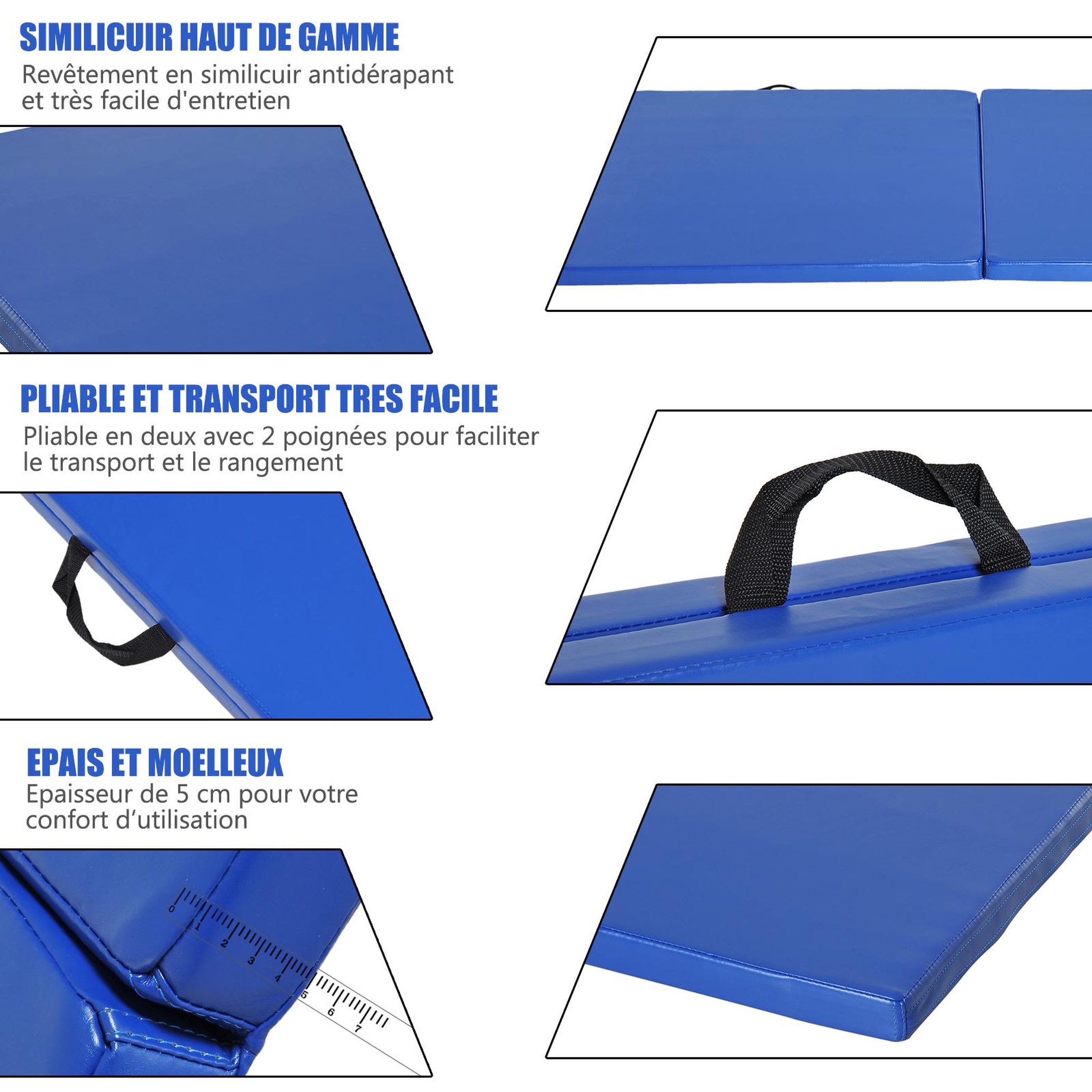 Voir la diapositive 5 : HOMCOM Tapis de gymnastique yoga pilates fitness pliable portable grand confort 180l x 60l x 5h cm revêtement synthétique bleu