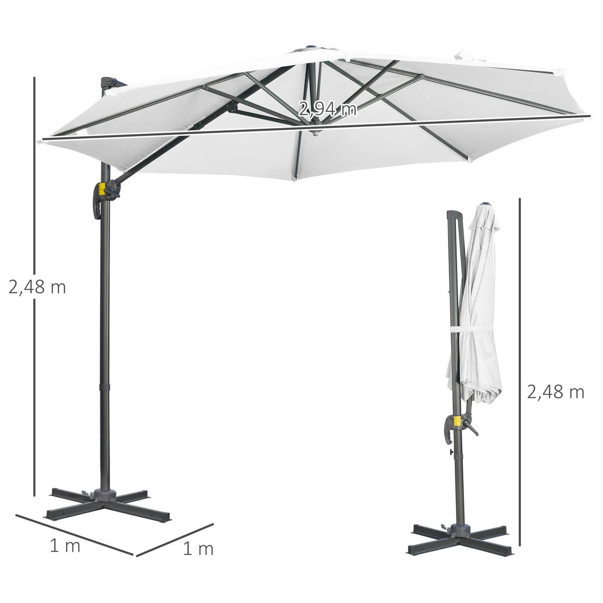 OUTSUNNY Parasol déporté octogonal inclinable manivelle avec pied en acier Ø 2,94 x 2,48H m blanc