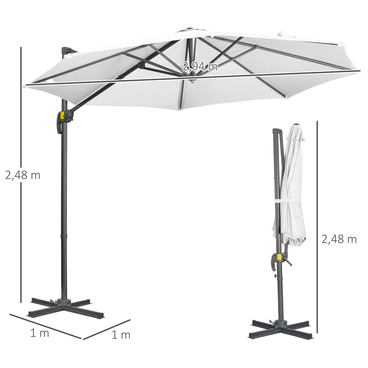 OUTSUNNY Parasol déporté octogonal inclinable manivelle avec pied en acier Ø 2,94 x 2,48H m blanc