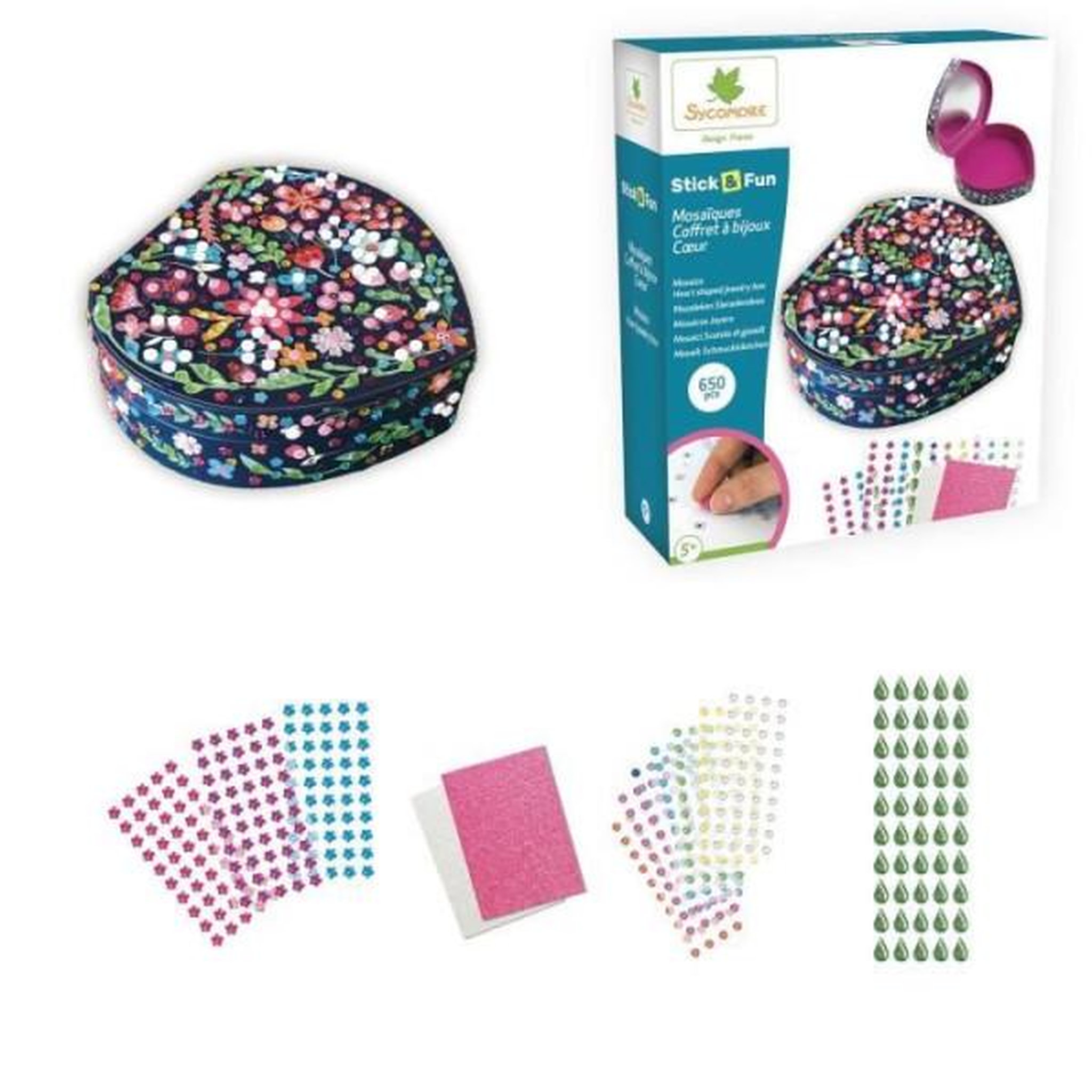Voir la diapositive 2 : SYCOMORE Coffret a bijoux en forme de coeur avec mosaiques et joyaux étincelants - Sycomore