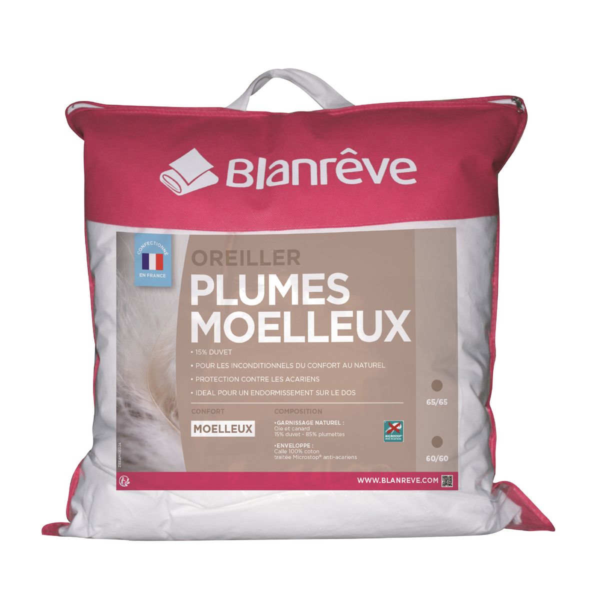 BLANREVE Oreiller duvet et plumettes oie et canard moelleux anti-acariens