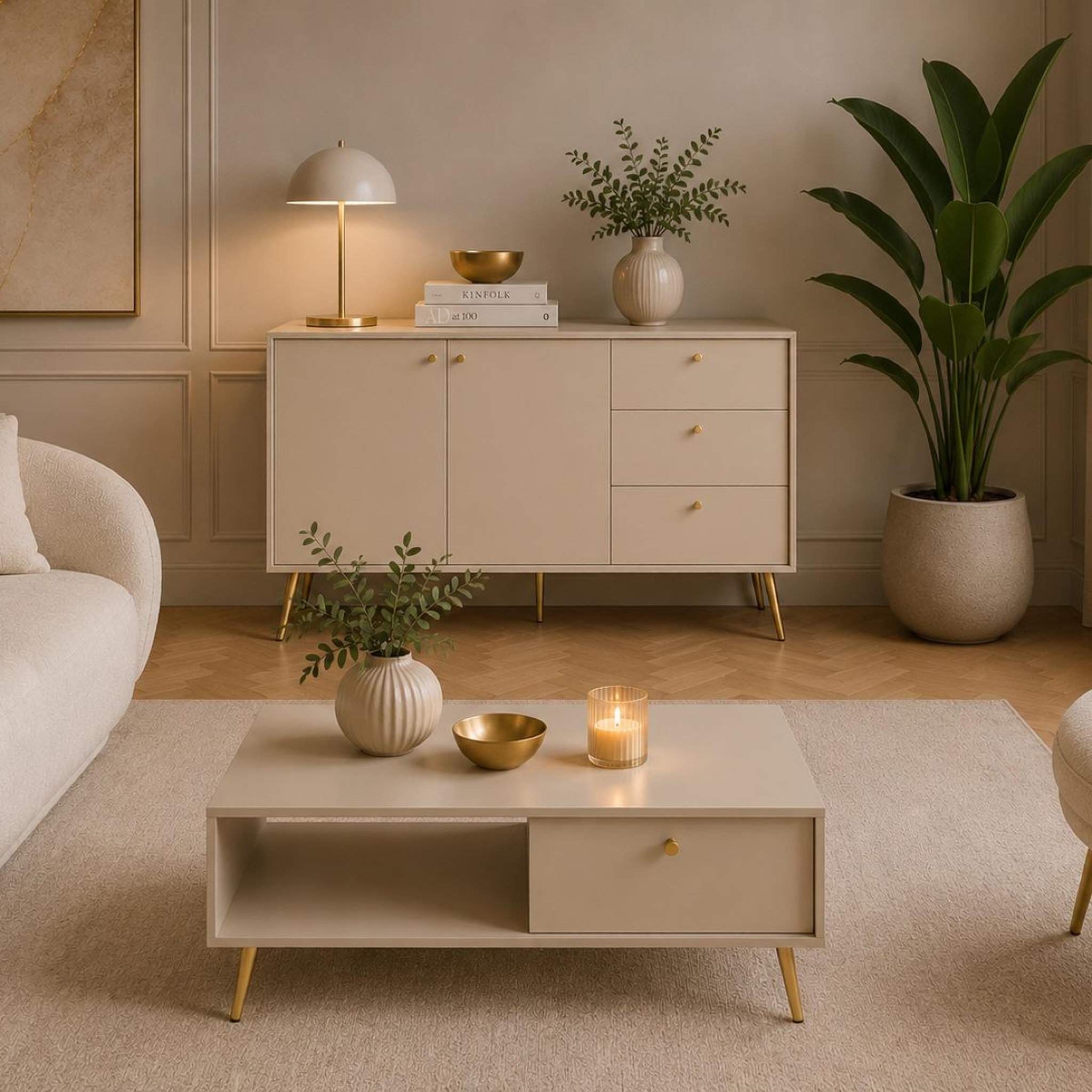 Voir la diapositive 2 : JLC KREATION Table basse avec tiroir beige et pied doré ezia