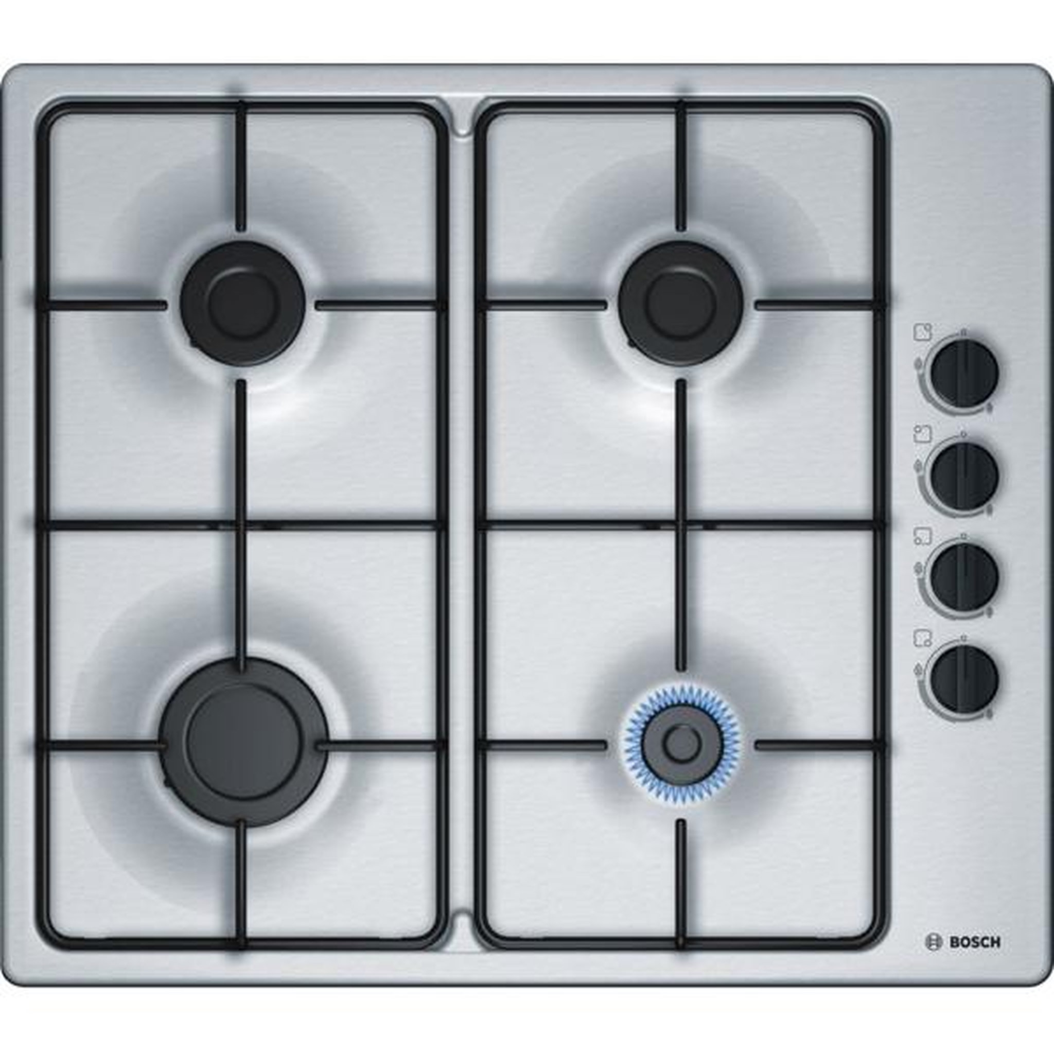 Voir la diapositive 1 : BOSCH Table inox gaz 60cm 4 feux - pbp6b5b80