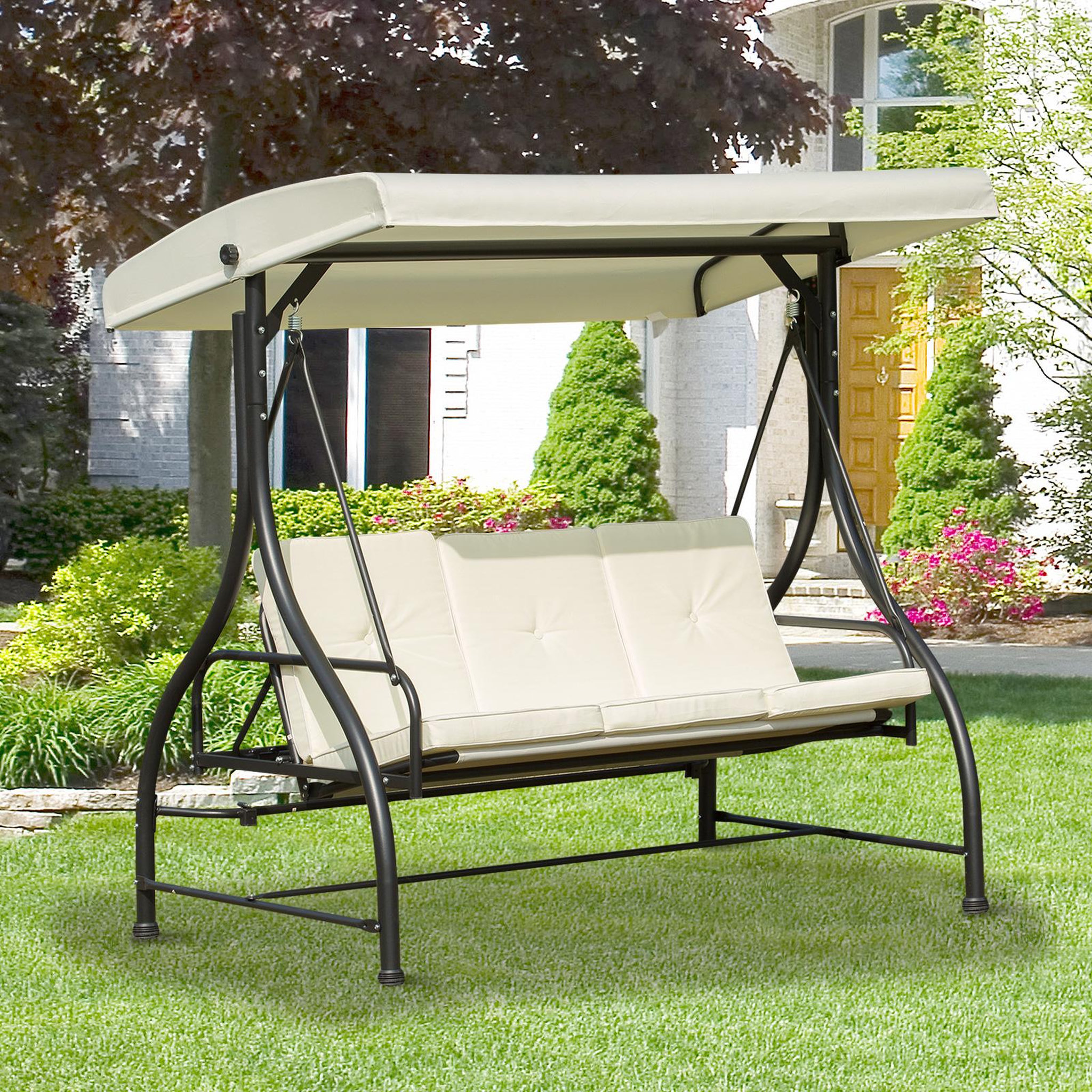 Voir la diapositive 2 : OUTSUNNY Balancelle de jardin 3 places convertible inclinaison toit réglable matelas grand confort rembourrage 8 cm fourni 1,96L x 1,17l x 1,78H m métal époxy noir crème