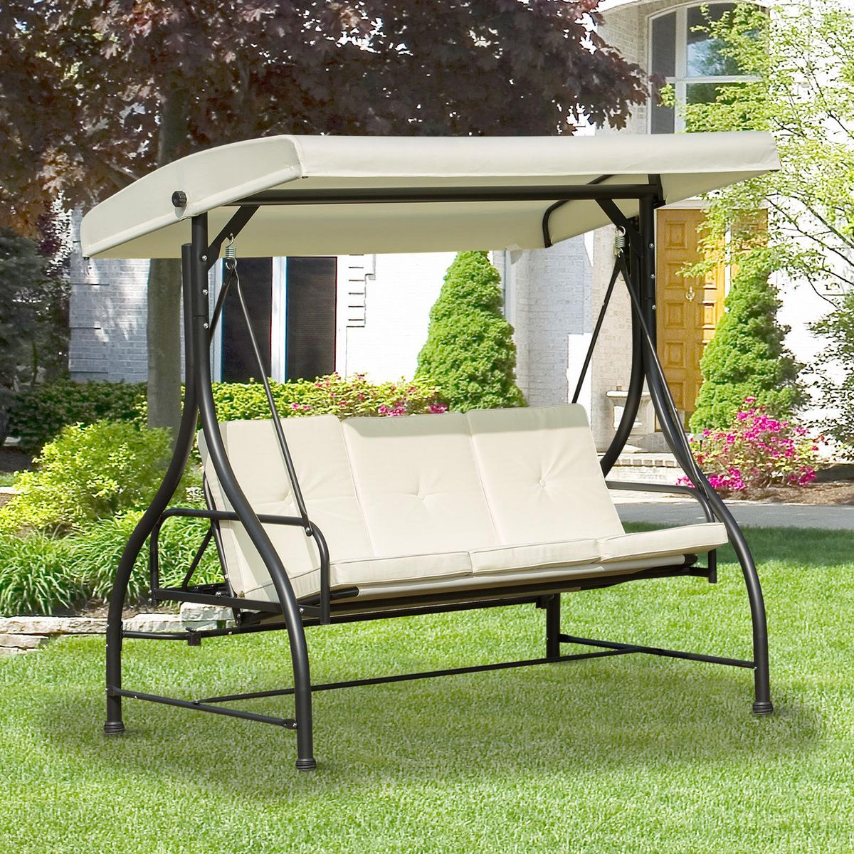 OUTSUNNY Balancelle de jardin 3 places convertible inclinaison toit réglable matelas grand confort rembourrage 8 cm fourni 1,96L x 1,17l x 1,78H m métal époxy noir crème