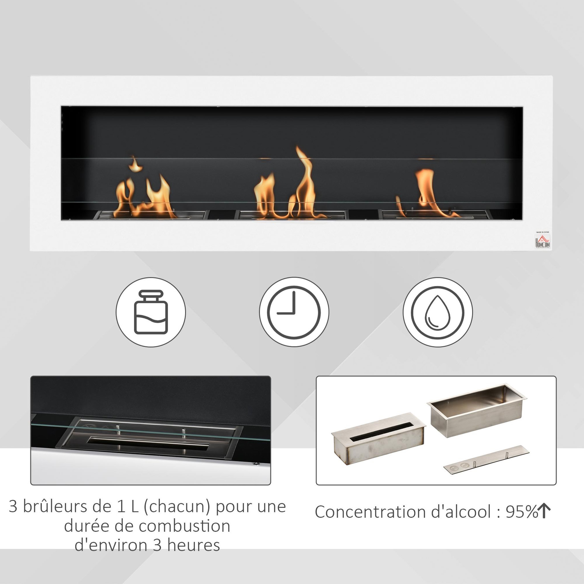Voir la diapositive 5 : HOMCOM Cheminée bioéthanol murale design bauhaus - triple brûleur 1 l - pare-feu verre trempé, kit fixation inclus - acier inox. Acier dépoli blanc