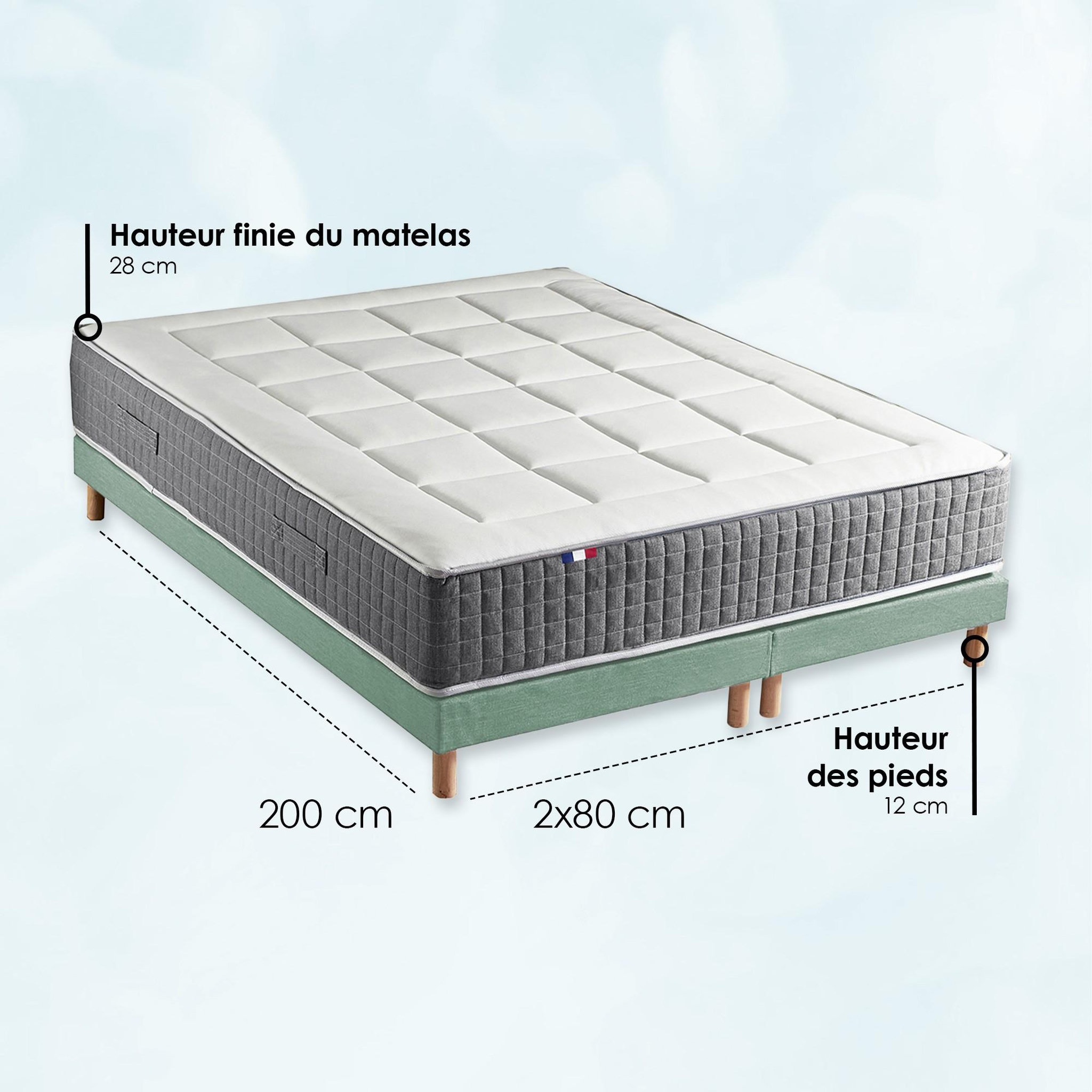 Voir la diapositive 5 : IDLITERIE Ensemble Matelas Ressort 7 zones H.28cm + Sommier + couette + oreillers Fabriqué en France MAX