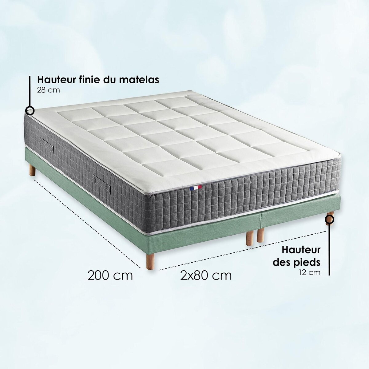 IDLITERIE Ensemble Matelas Ressort 7 zones H.28cm + Sommier + couette + oreillers Fabriqué en France MAX