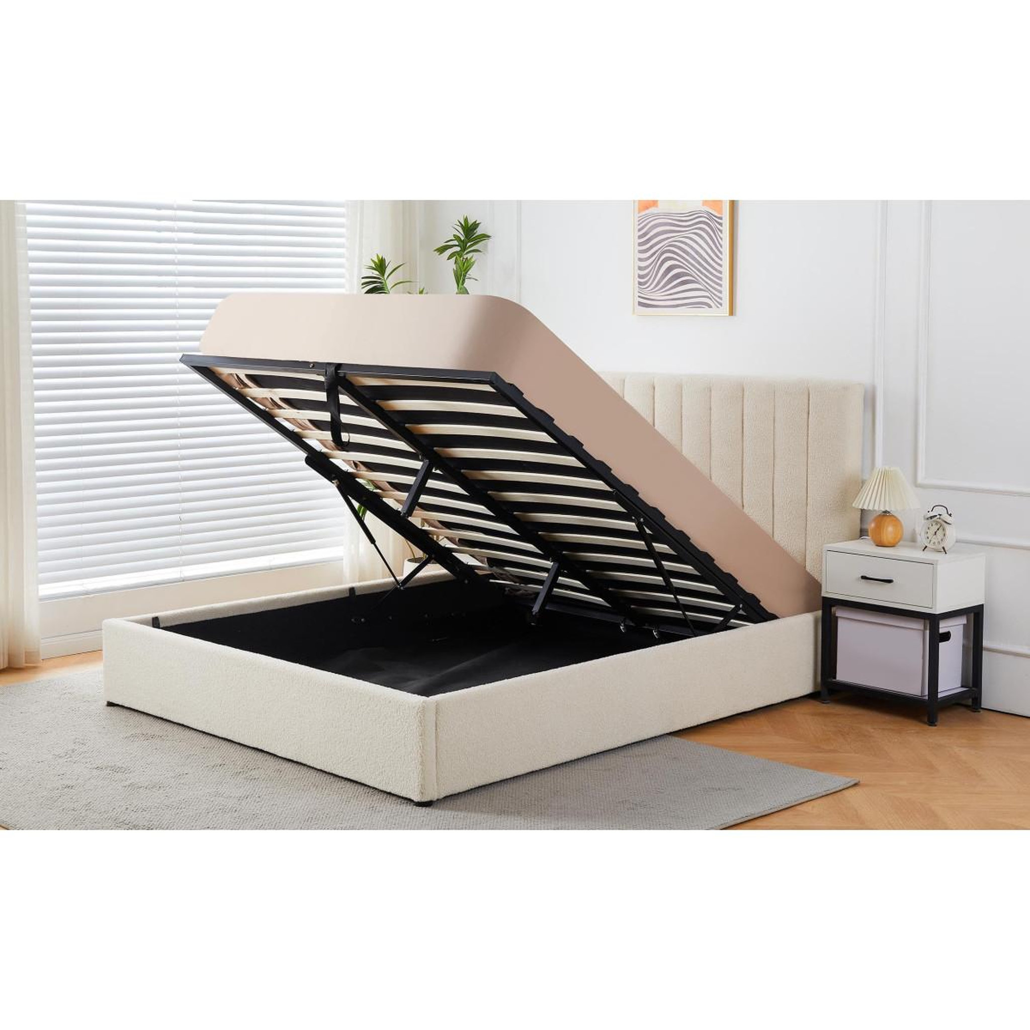 Voir la diapositive 4 : Paris Prix Pack lit coffre bouclette  dream  & matelas  goodream  180x200cm beige