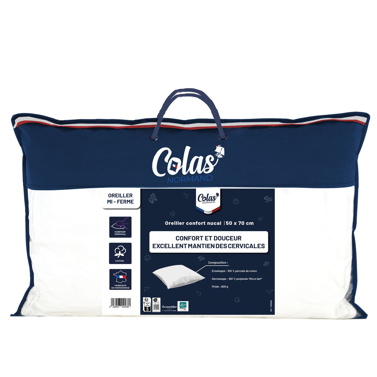COLAS NORMAND Oreiller mi-ferme confort nucal en percale de coton 