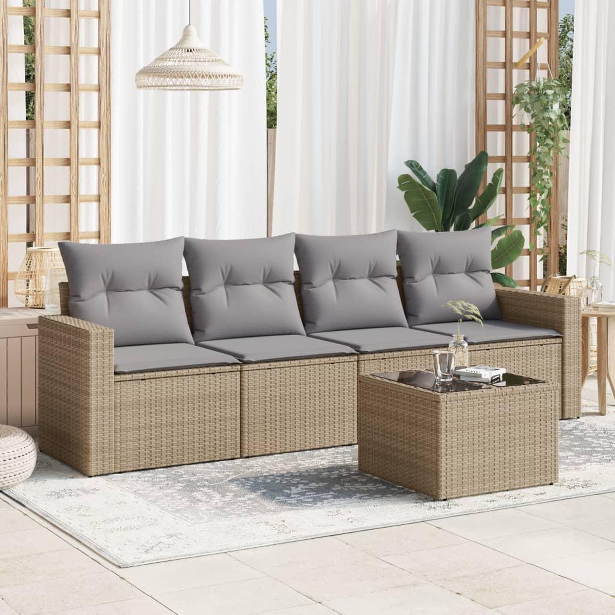 VIDAXL Salon de jardin avec coussins 5 pcs beige resine tressee