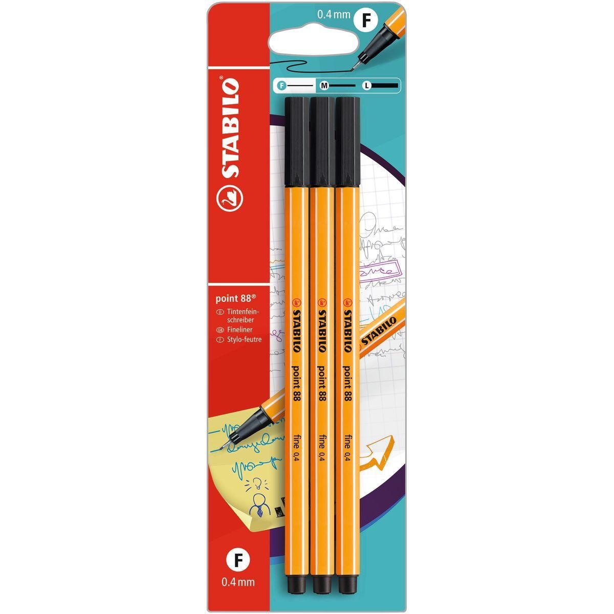 STABILO Lot de 3 stylos feutre pointe fine 0.4mm Point 88 noir